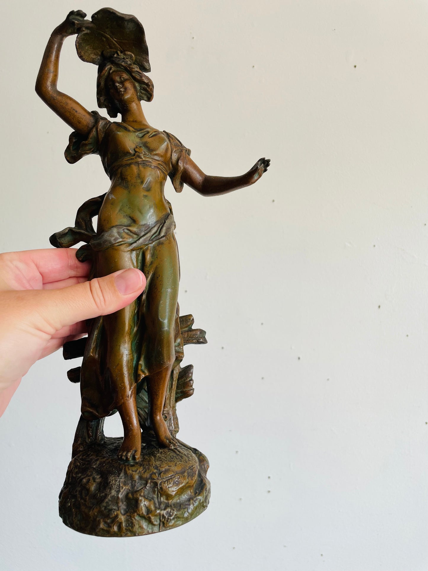 Vintage Art Nouveau Spelter Zinc Sculpture Statue with Bronze Patina - Playful Woman in Dress Frolicking with Leaf - Auguste Moreau Style - Please Read Note