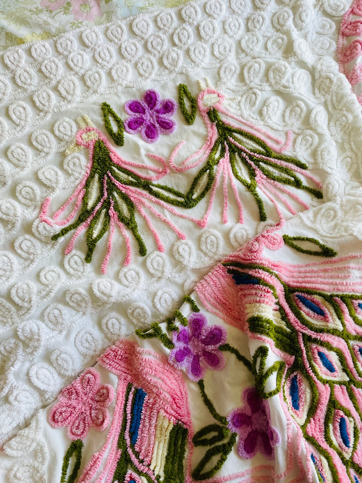 Stunning Chenille Bedspread Blanket with Bright & Colourful Double Peacock & Flower Design