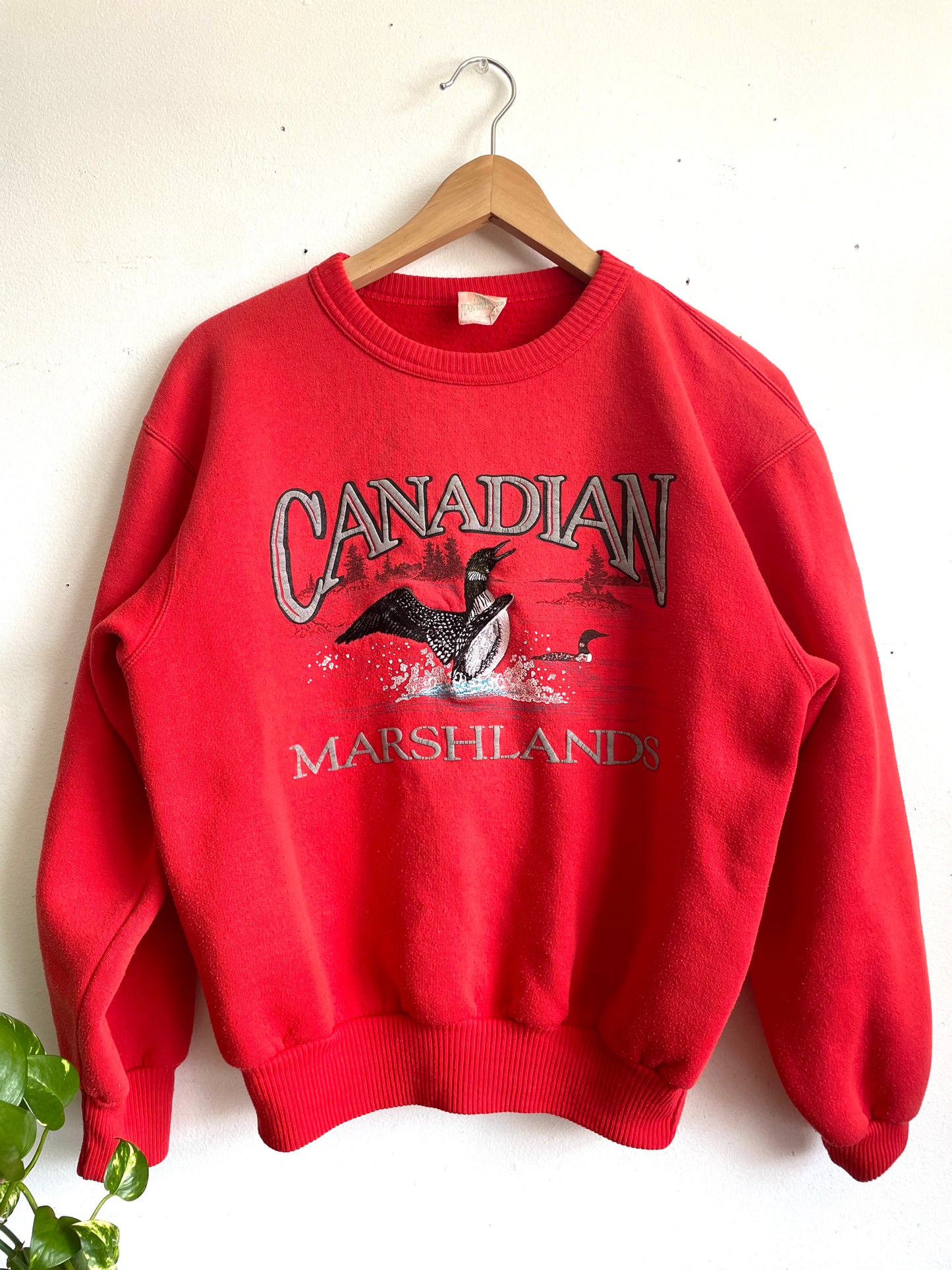 Vintage 1990s Canadian Marshlands Red Crewneck Sweatshirt with Embroidered Loon Bird Graphic - Made in Canada - Size Medium