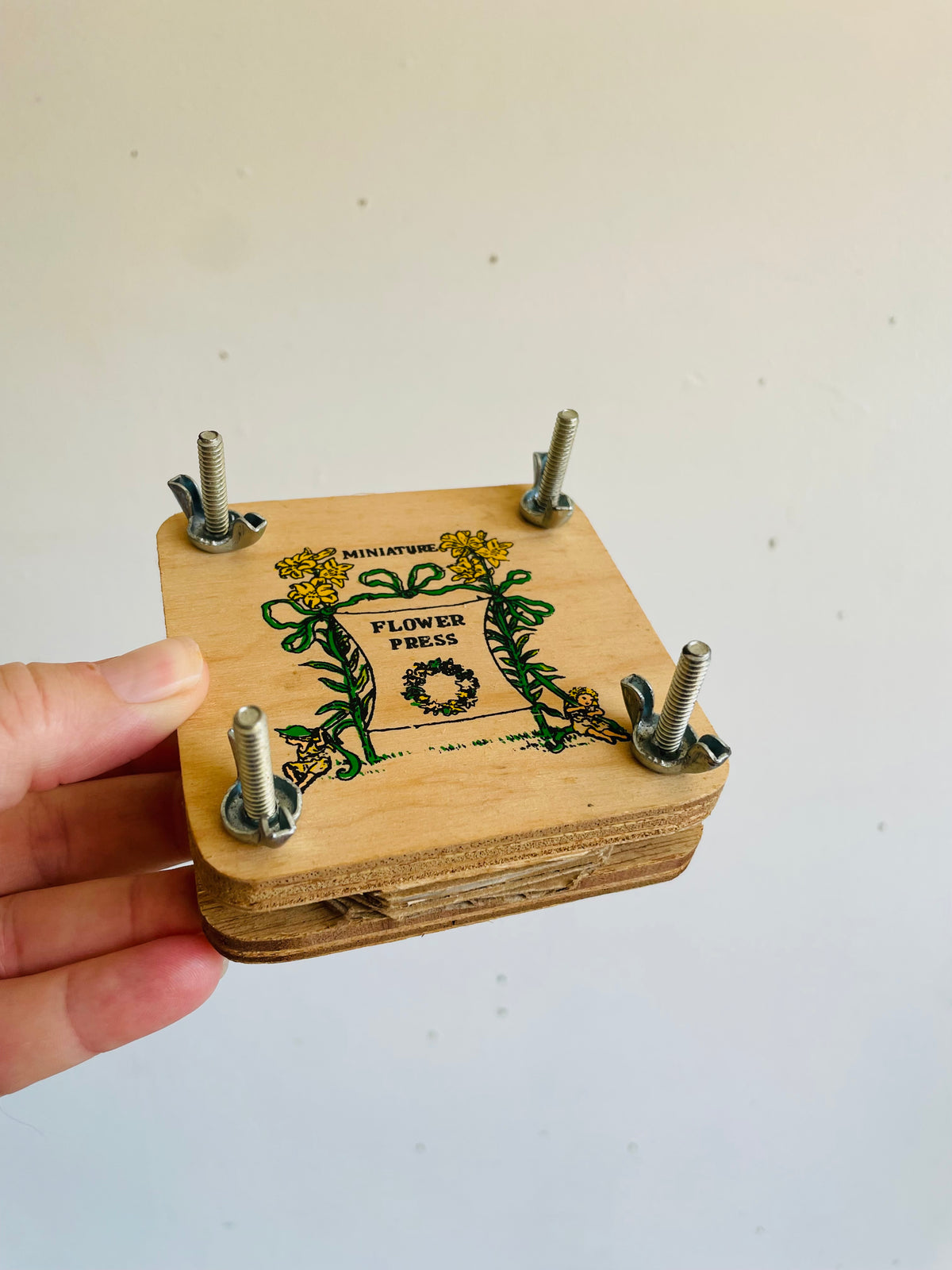 Vintage Miniature Wood Flower Press with Wing Butterfly Screws - Made in Taiwan - 3.5" x 3.5"