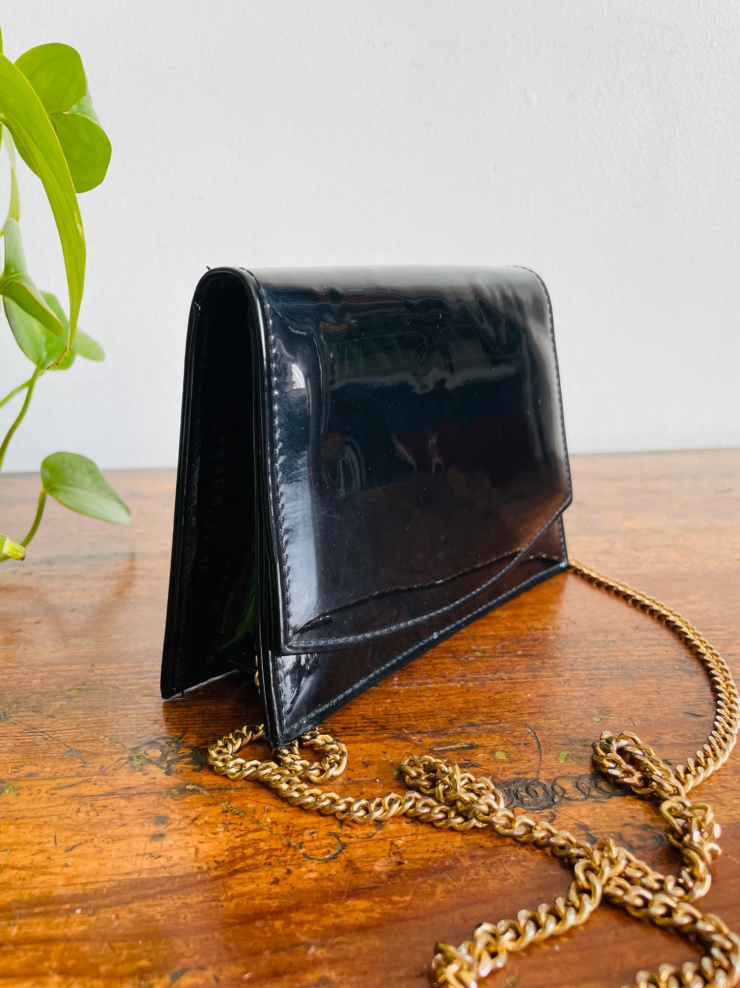 Vintage Little Black Patent Leather Crossbody Clutch Purse on Long Brass Gold Chain