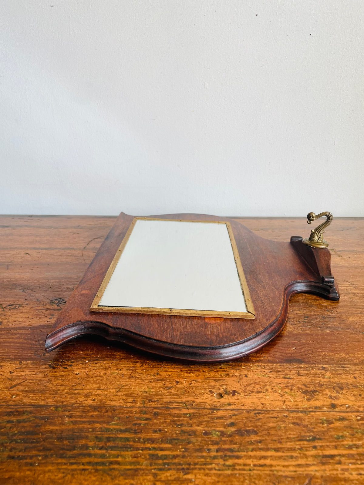 Vintage / Antique Wood Mirror with Gold Trim & Brass Hook for Hanging Items