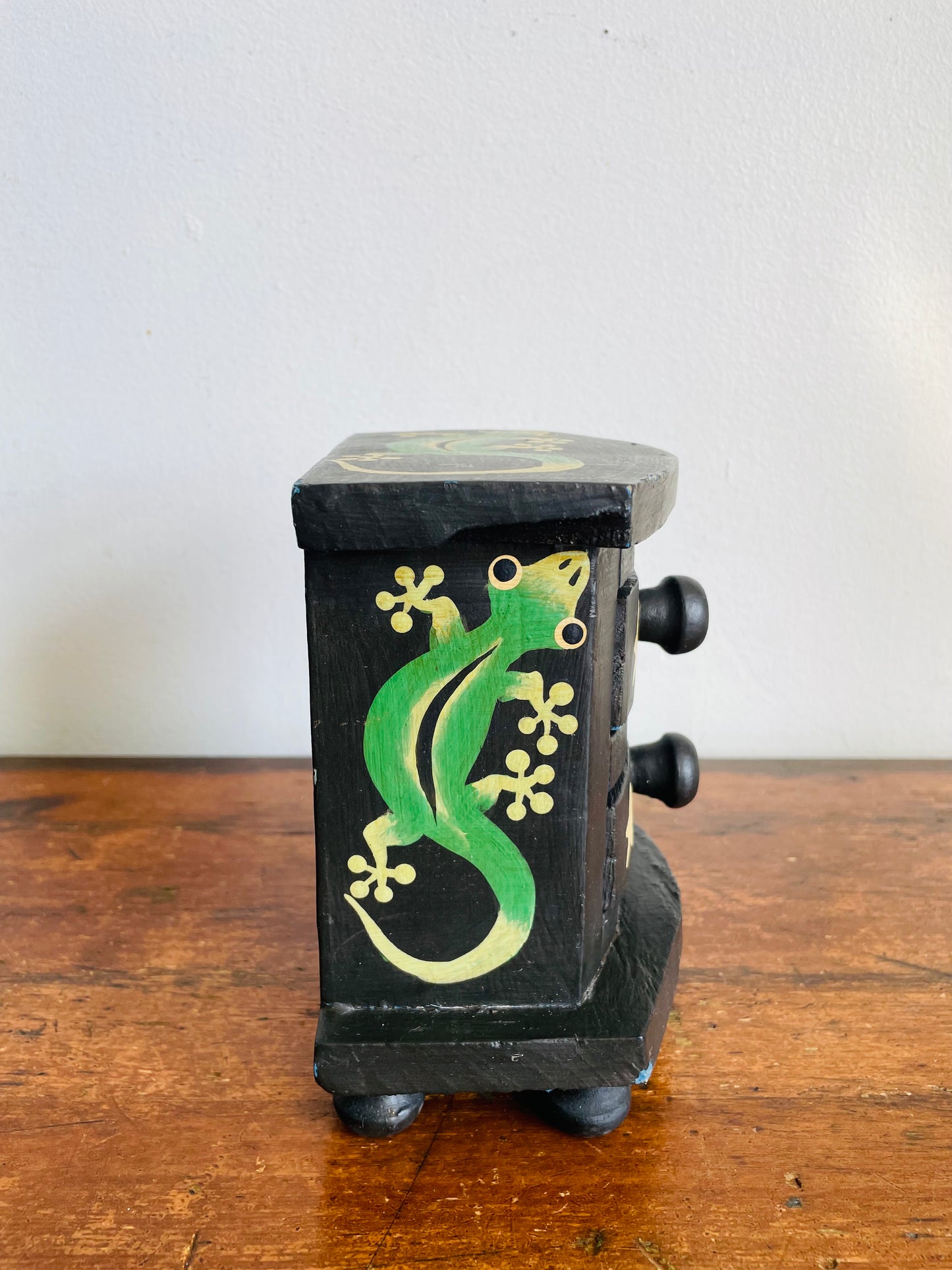 Vintage Black Wooden Mini Dresser Jewellery Box with Painted Star & Gecko Lizard Design - 2 Drawers & Knob Feet