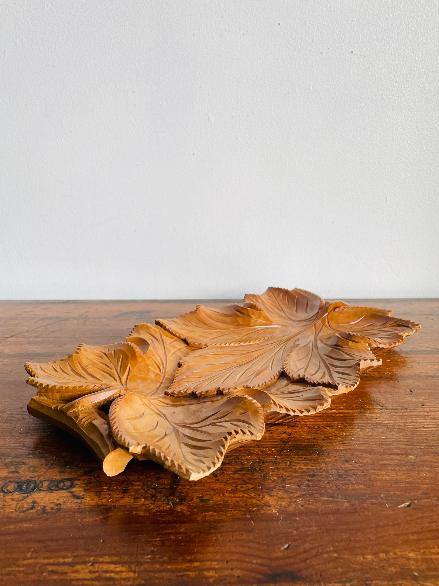 Vintage Gorgeous Carved Wood Tray with Leaf Design & Handles - Can Hang or Lay Flat