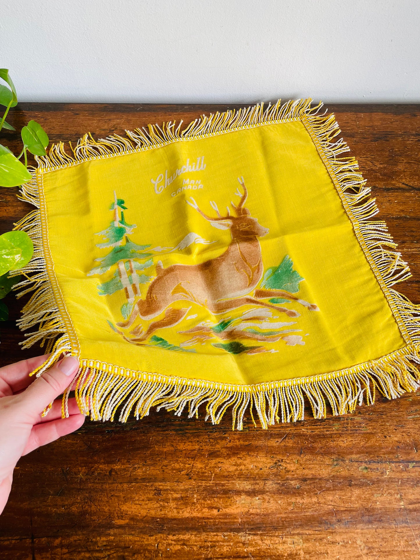 Vintage 1940s WW2 Churchill Manitoba Canada Navy Blue & Yellow Souvenir Throw Pillow Cushion Cover with Velvet Deer in Forest Design & Fringe - Pillowcase Only
