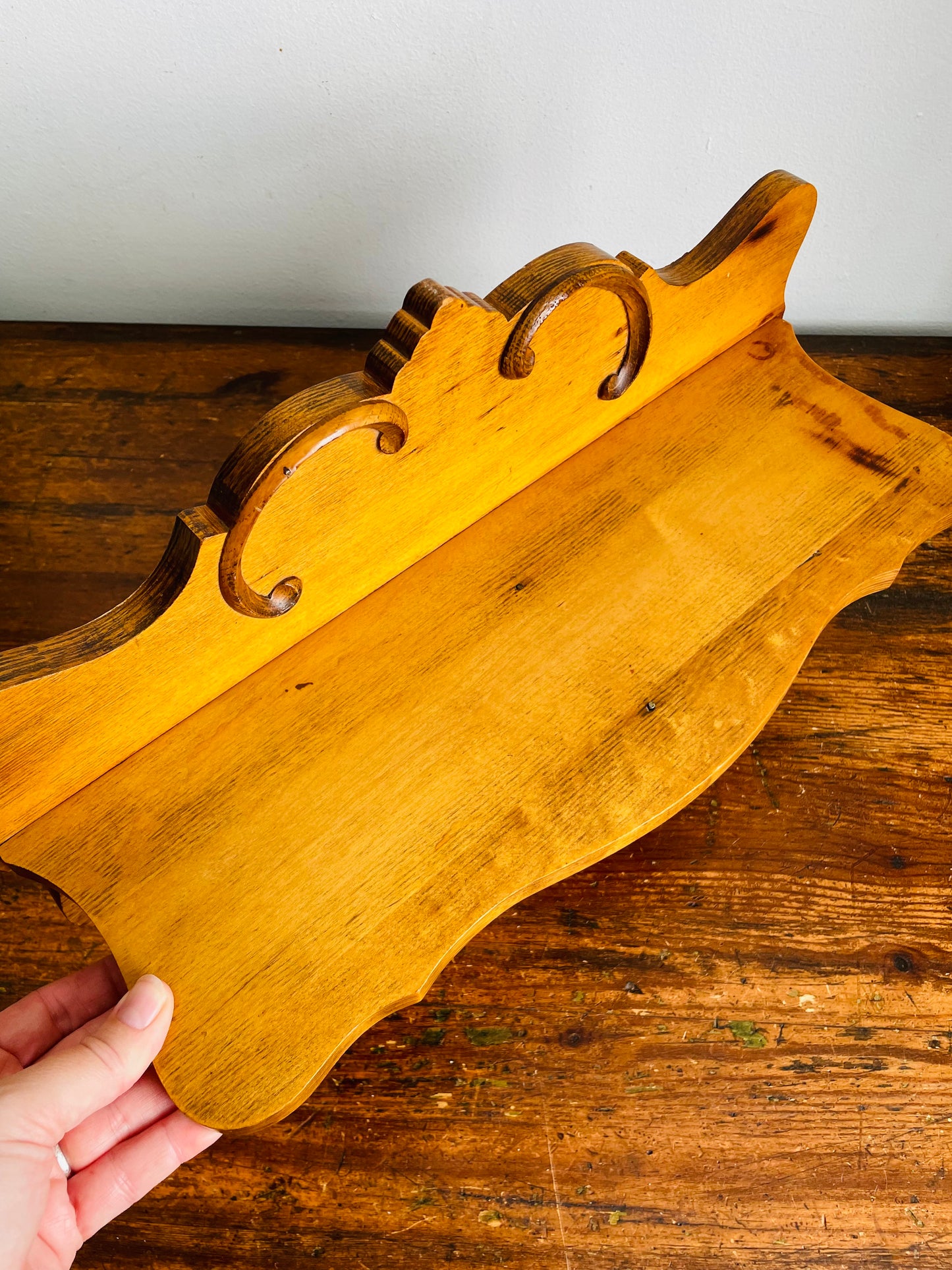 Vintage Solid Oak Wood Wall Hanging Shelf with Raised Scroll Design
