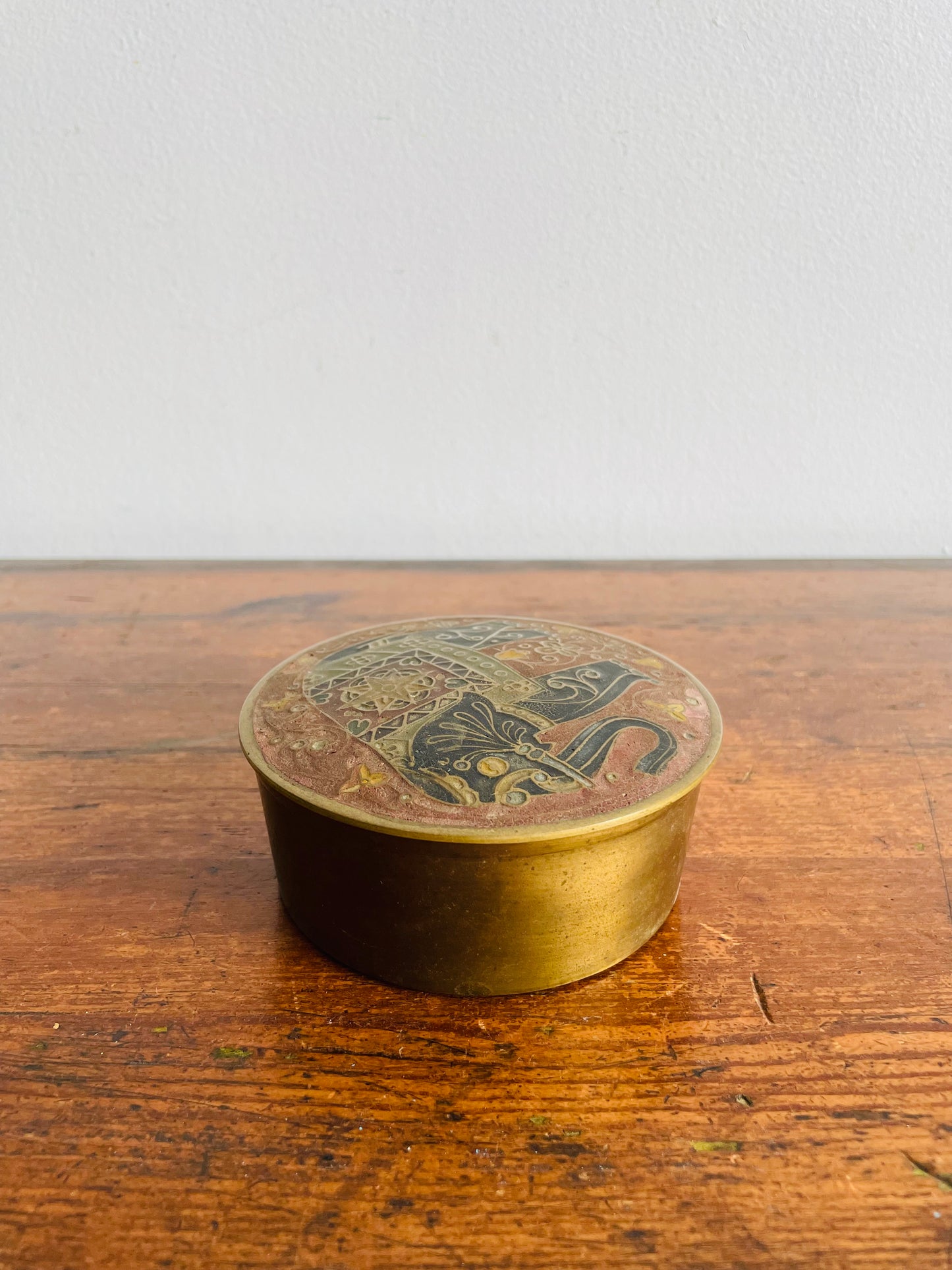 Enamelled Brass Round Trinket Box with Lid & Ornate Elephant Trunk Up Design