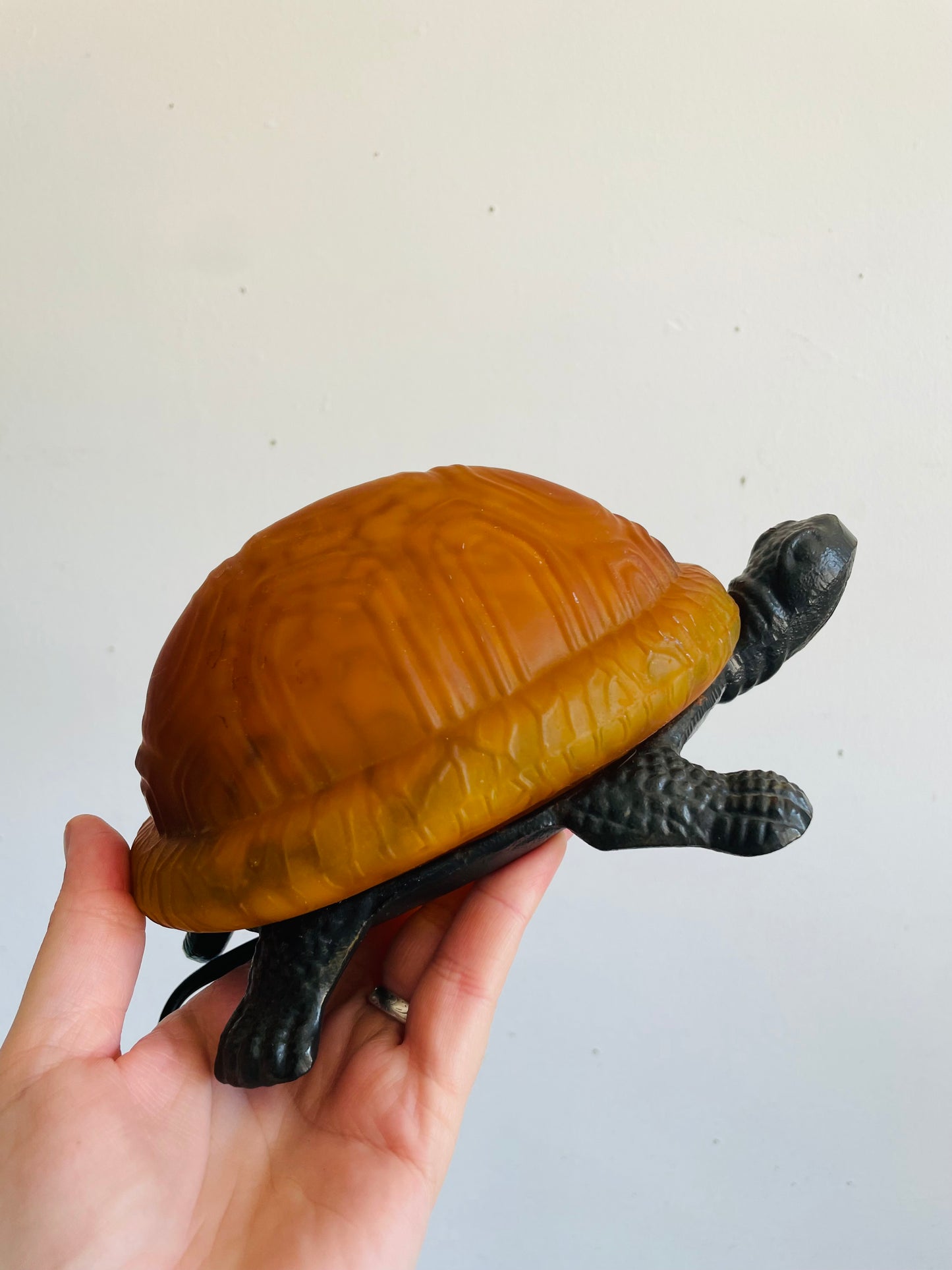 Vintage Cast Metal & Amber Glass Turtle Lamp - Tested / Works!
