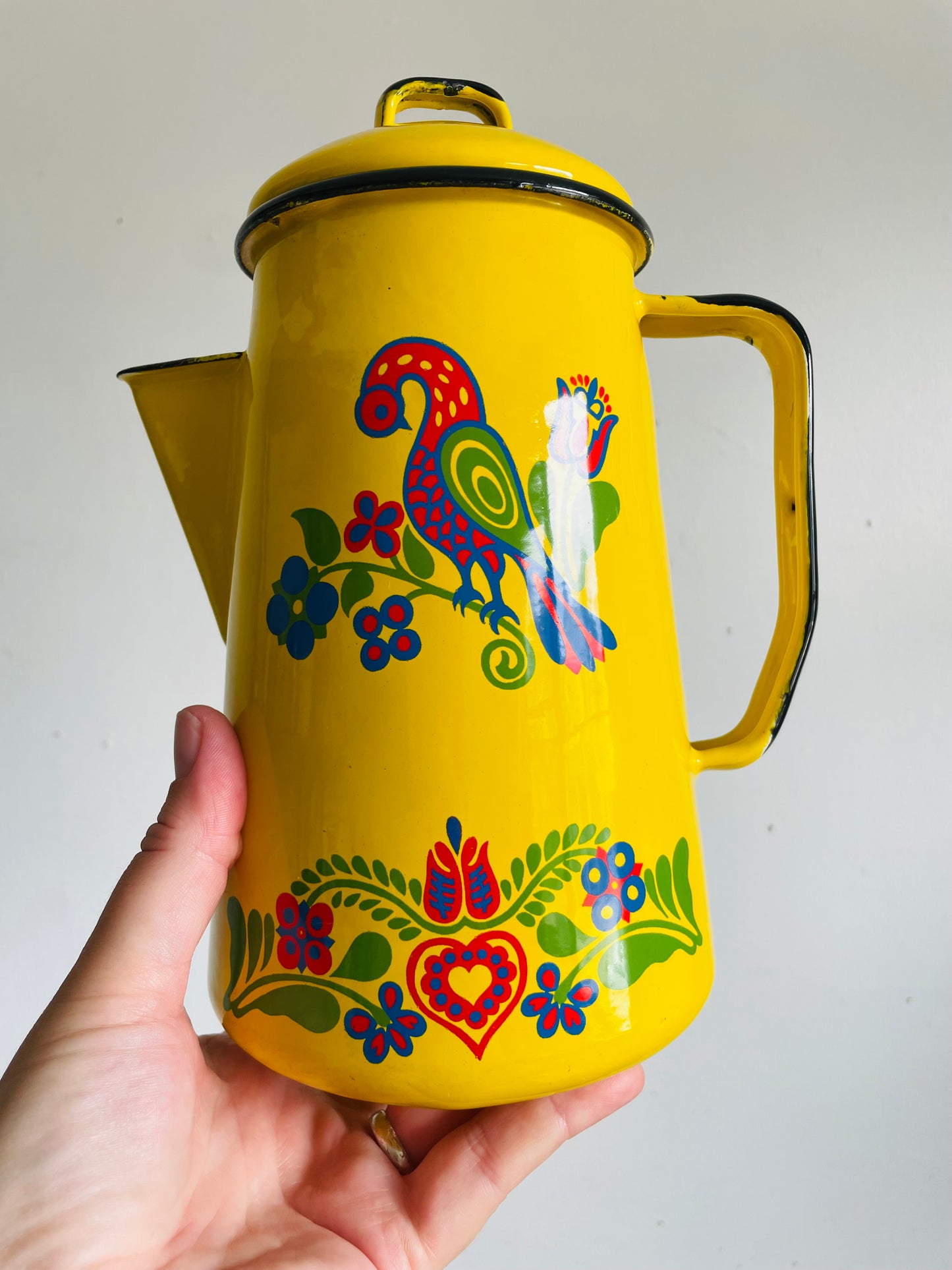 Vintage Bright Yellow Cinsa Enamel Coffee Pot Carafe Pitcher with Colourful Folk Art Bird & Flower Design - Made in Saltillo Mexico