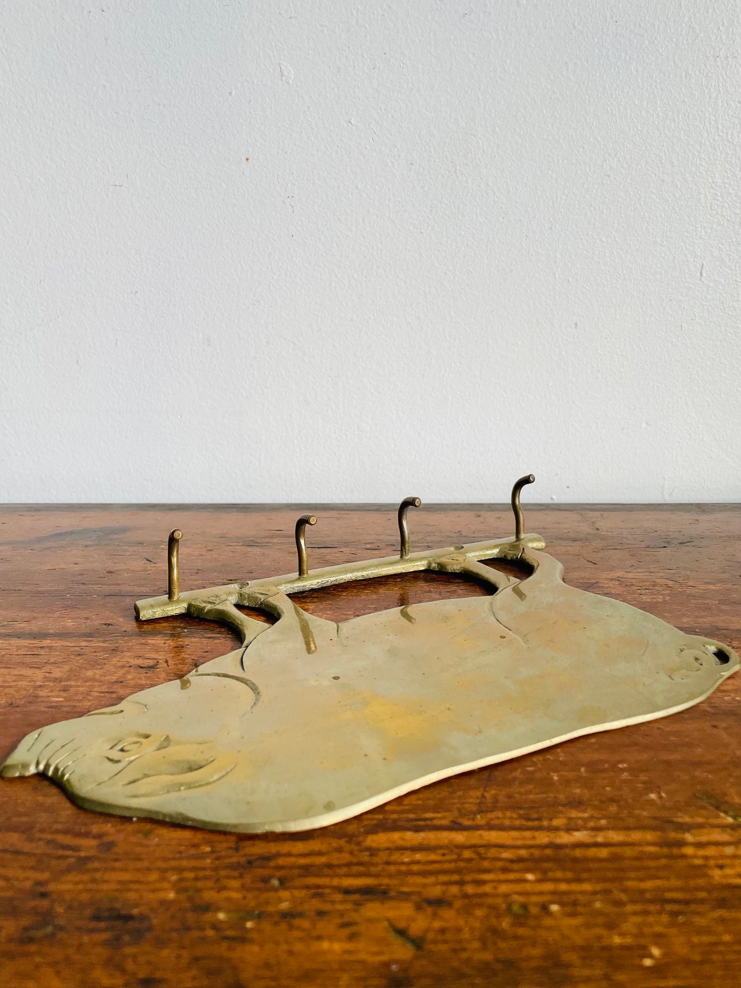 Vintage Solid Brass Pig Wall Rack Hanger with 4 Sturdy Hooks - Keys, Tea Towels, Etc.