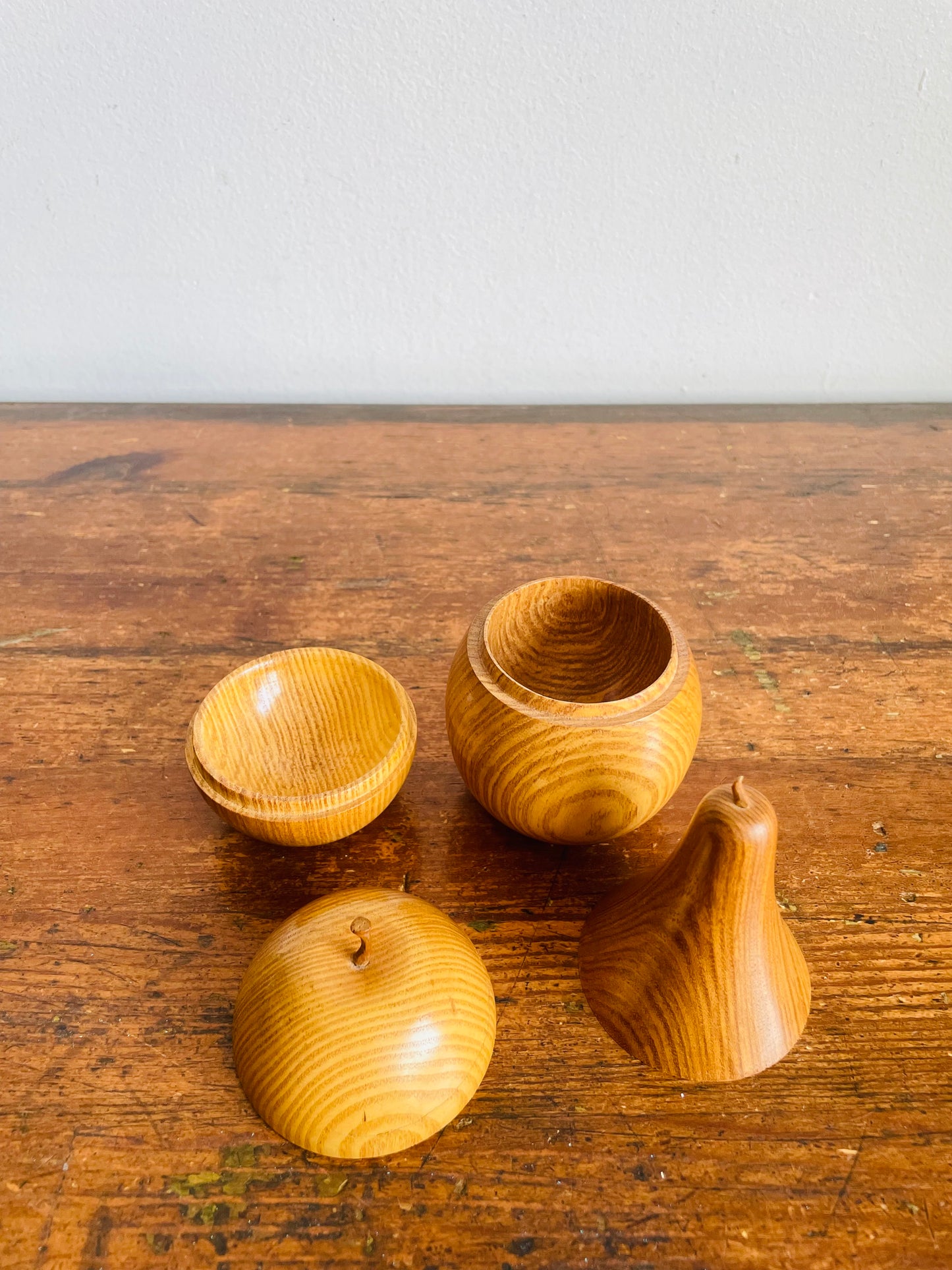 Vintage Carved Wood Pear & Apple Lidded Box Containers - Open Up / Hollow Inside - Set of 2