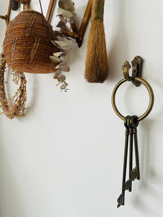 Solid & Heavy Large Brass Key Ring with Set of 3 Skeleton Keys
