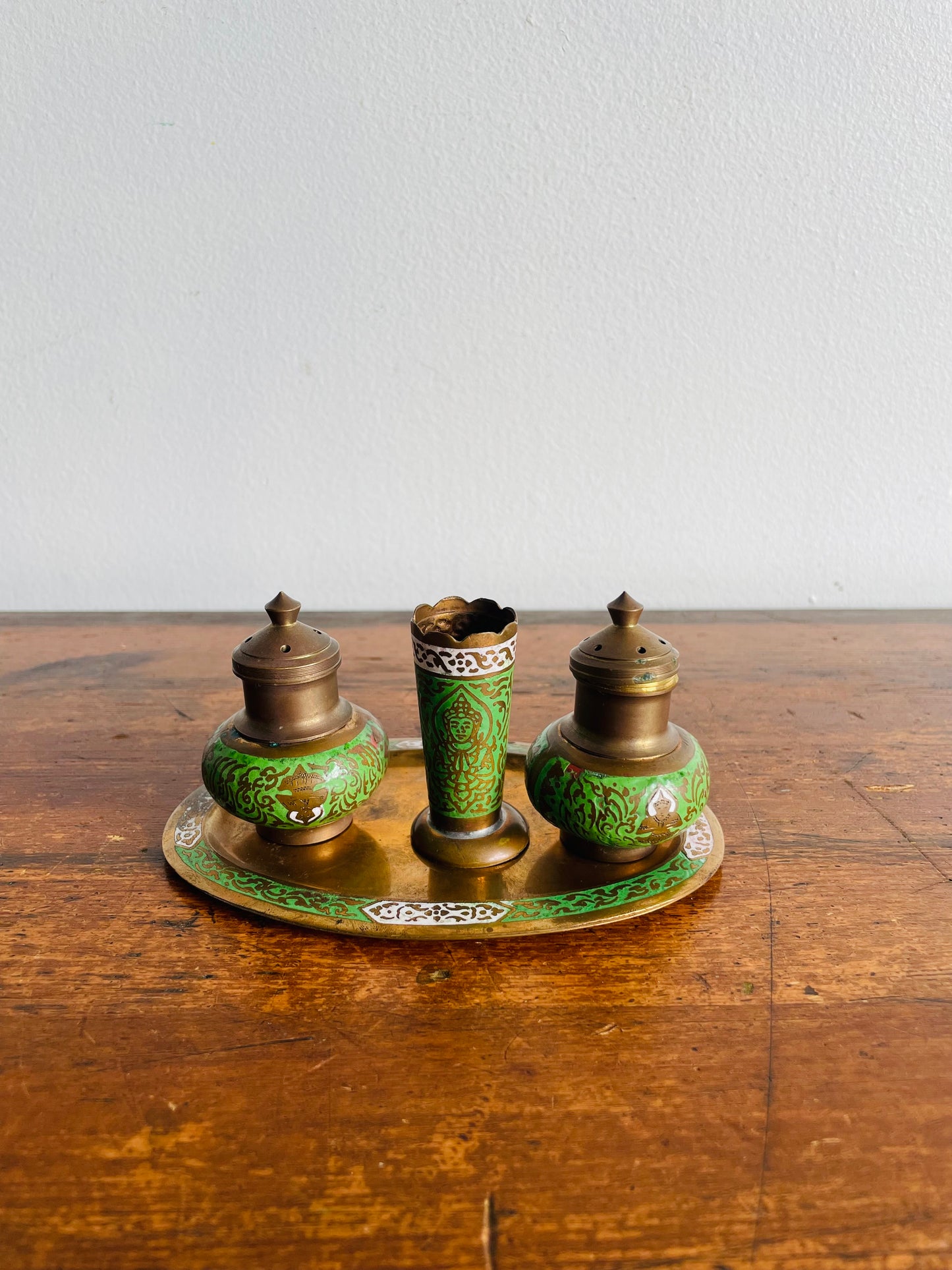 Brass & Enamel Table Set - Salt Shaker, Pepper Shaker, Toothpick Holder & Tray - Set of 4 Pieces