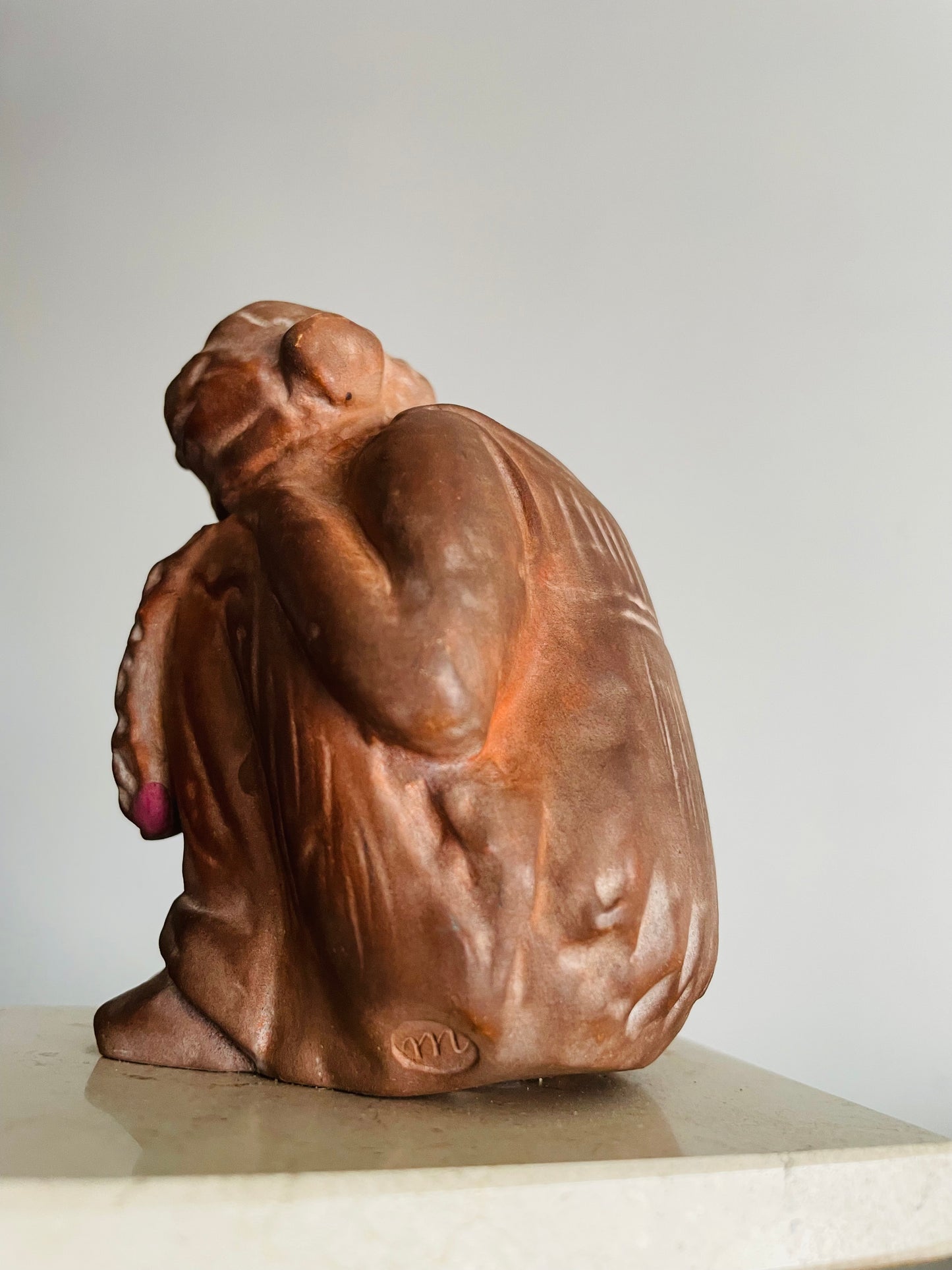 Vintage Tanagra Terracotta Clay Sculpture of Little Sleeping Girl - Greek Statuette - Hand-Patinated Reproduction from Mold Made from Impression of Original Exhibited at the Louvre