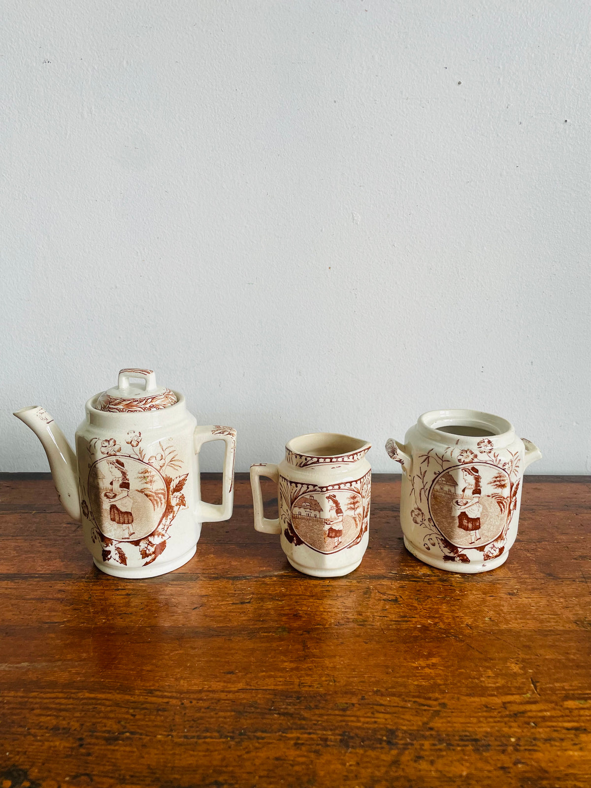 Antique Late Victorian 1880-1890 "Little May / Mae" Pattern 753 Sepia Brown Transferware Children's Toy Tea Set - Charles Allerton & Sons England - Plates, Bowl, Creamer, Biscuit Jar & Teapot - Set of 6 Pieces
