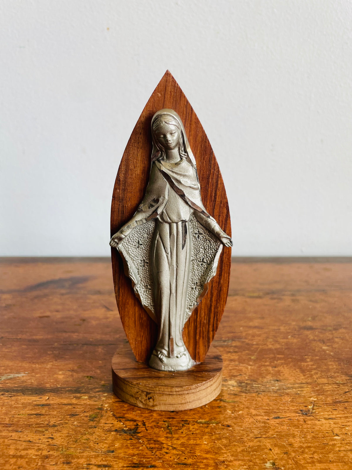 Vintage Hand-Engraved Pewter / Peltro Cesellato a Mano - The Miraculous Medal 1830 Mary Statue on Wood Base - Made in Italy