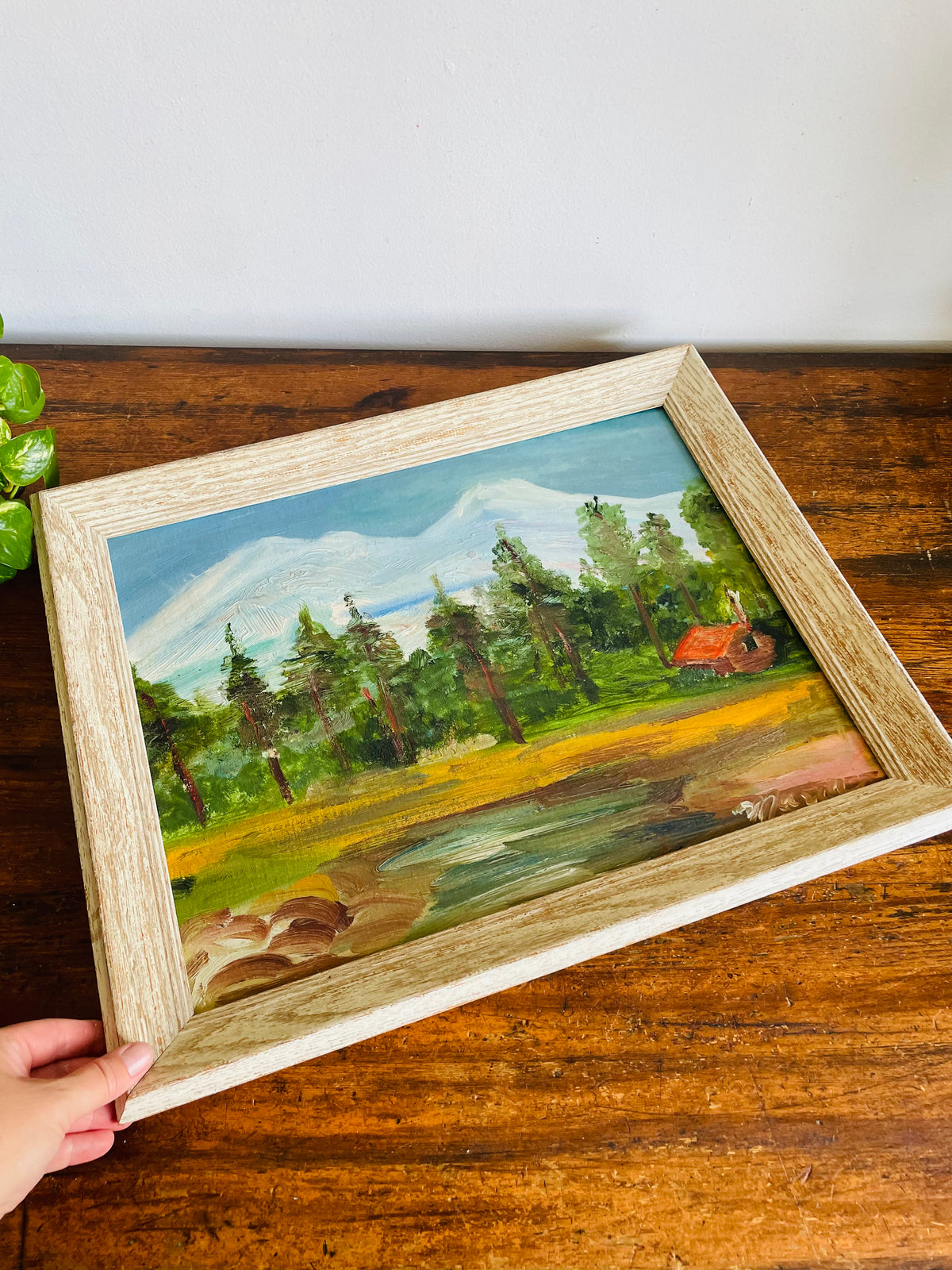 Vintage Original Art Painting Picture of Forest on Lake Nature Scene with Red Cabin House & Smoking Chimney - Signed Maria - No Shipping