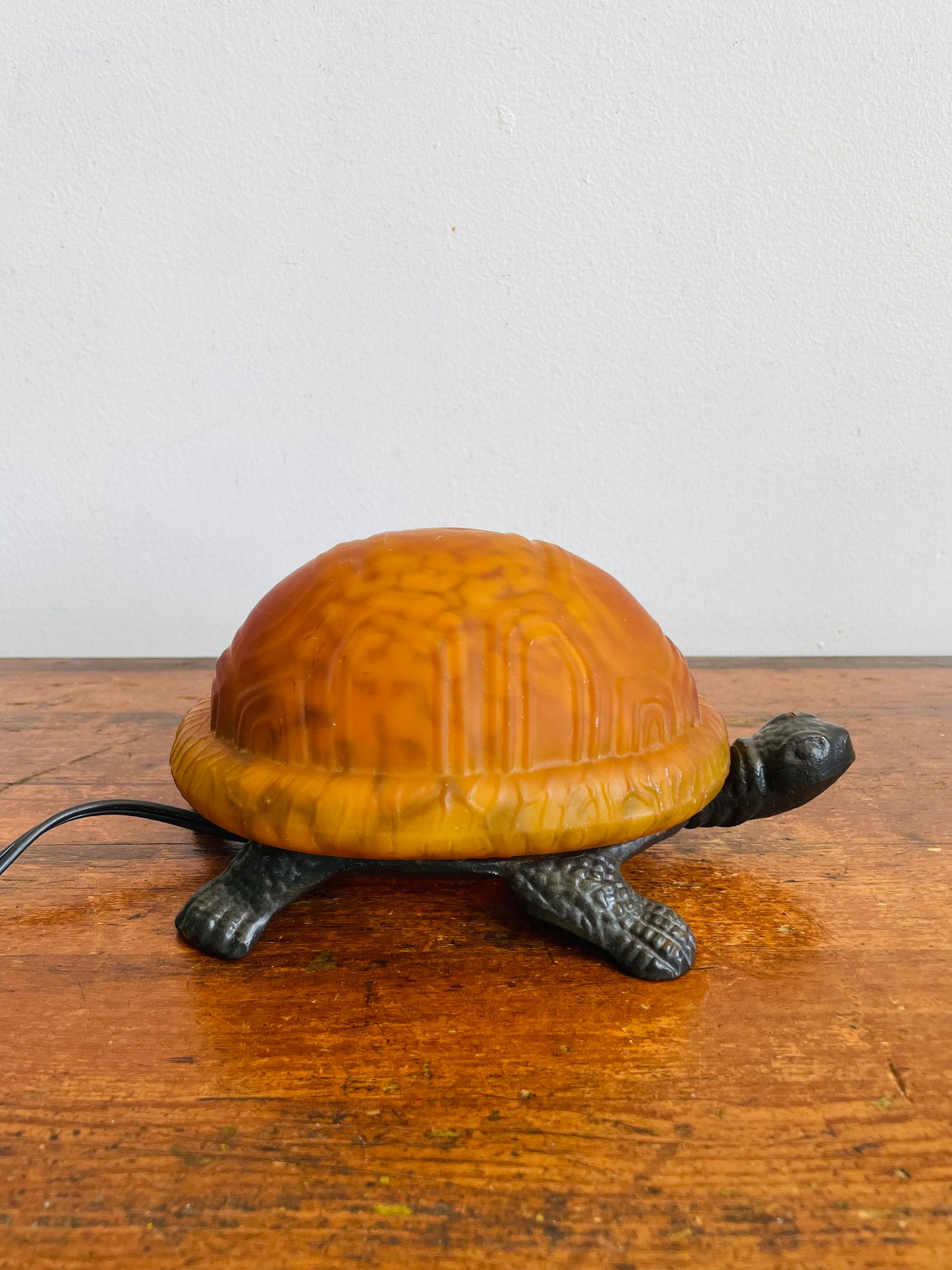 Vintage Cast Metal & Amber Glass Turtle Lamp - Tested / Works!
