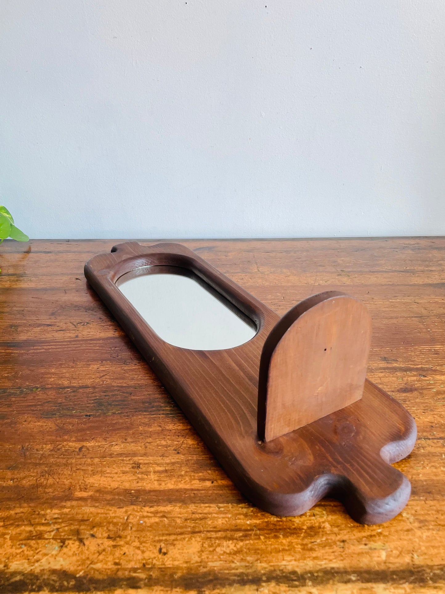 Vintage Organic Wavy Shaped Wood Mirror with Shelf Ledge #2 - 2 Feet Long - No Shipping