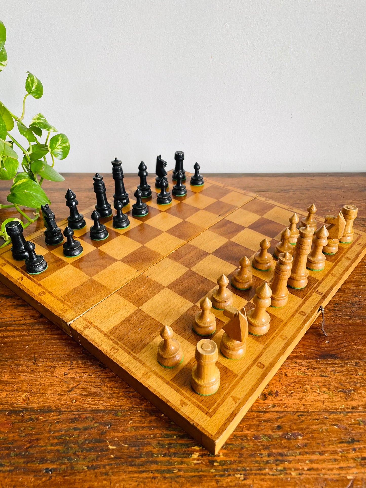 Vintage Hinged Folding Wood Chess Board Travel Case with Felt-Bottomed Wood Playing Pieces - Made in Poland