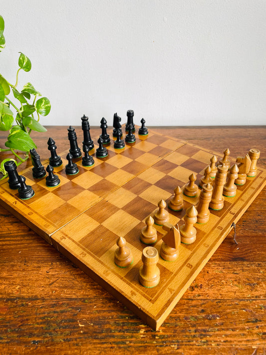 Vintage Hinged Folding Wood Chess Board Travel Case with Felt-Bottomed Wood Playing Pieces - Made in Poland