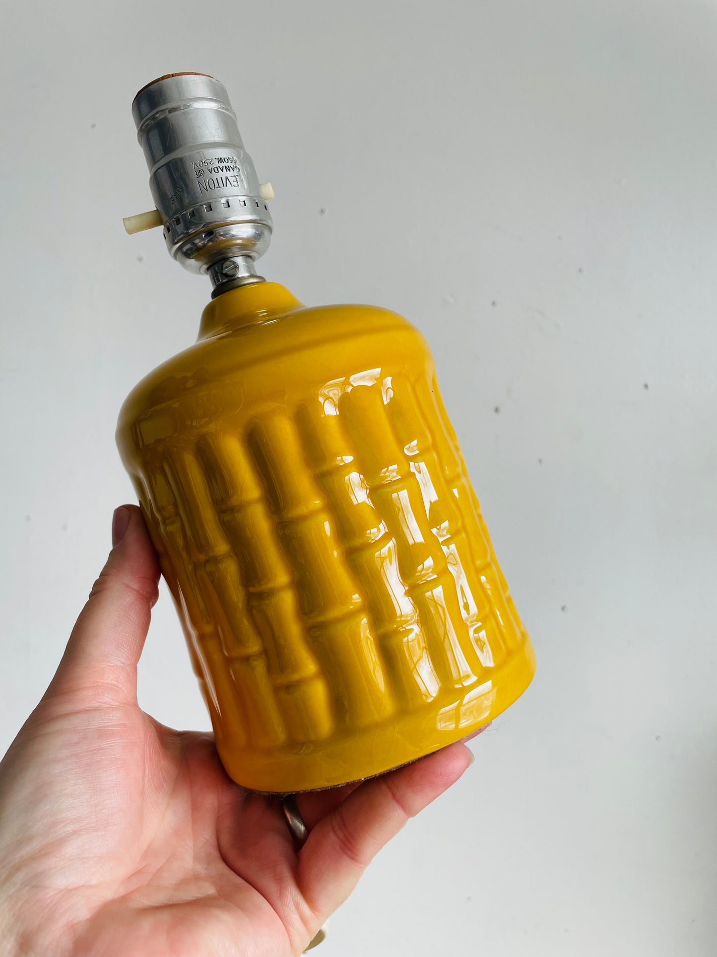 Vintage MCM Leviton Canada Bright & Cheerful Yellow Ceramic Table Lamp with Bamboo Textured Pattern