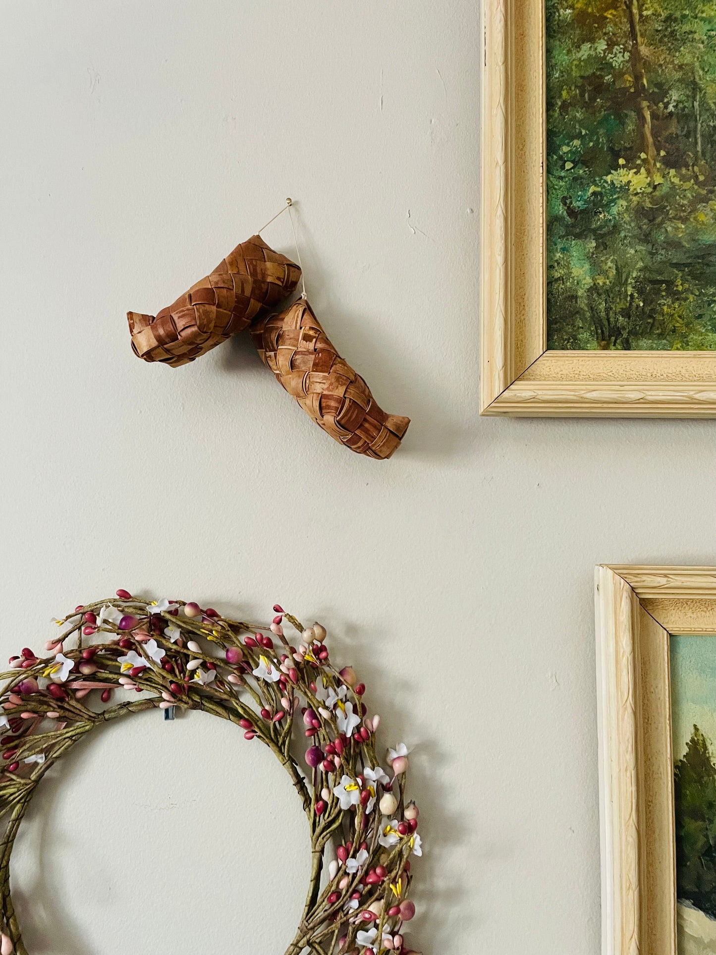 Finnish Birch Bark Woven Wood Shoes # 1 - Set of 2 Hanging on Rope