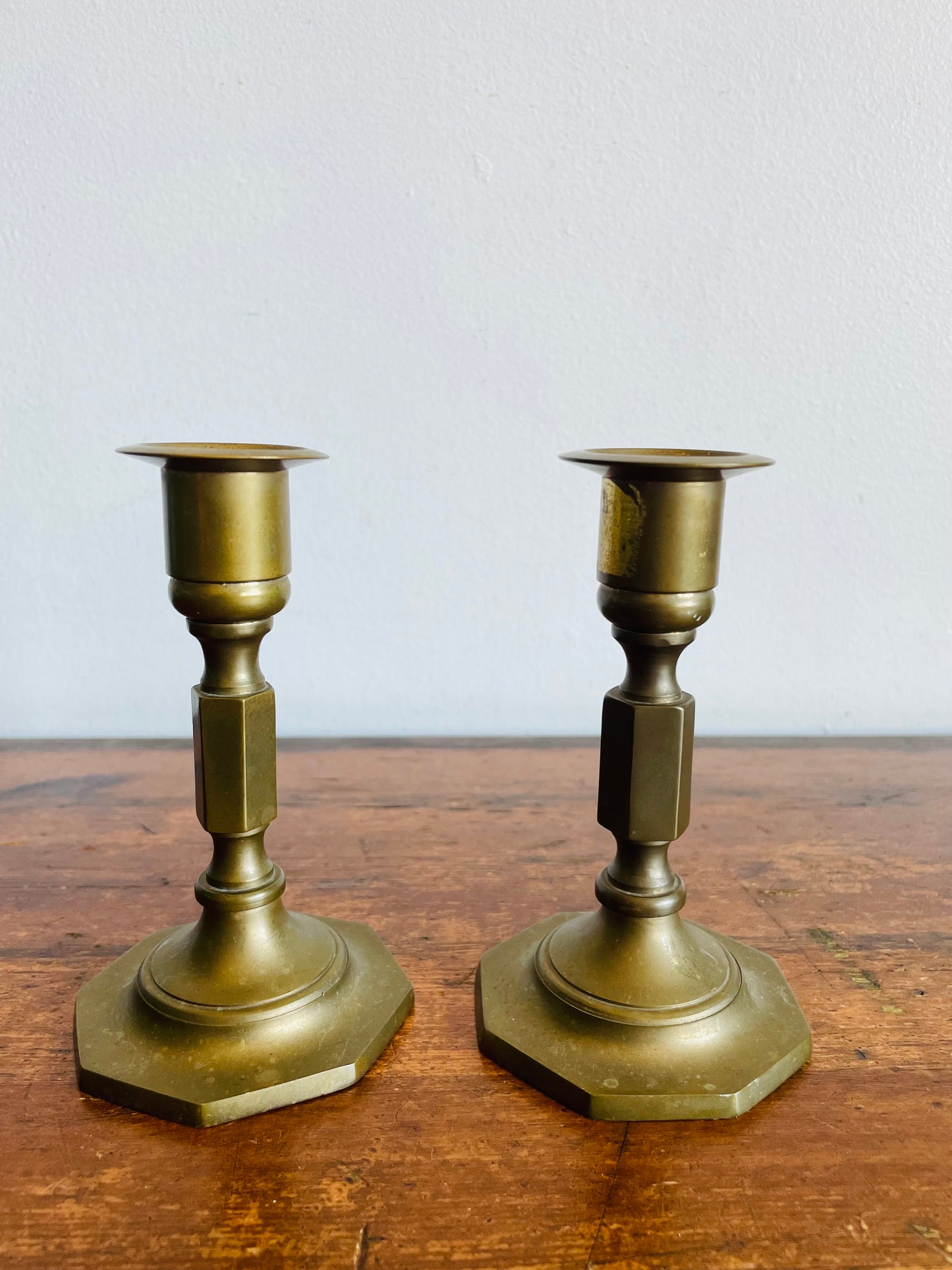 Vintage Solid Brass Candle Holders with Octagonal Base - Set of 2