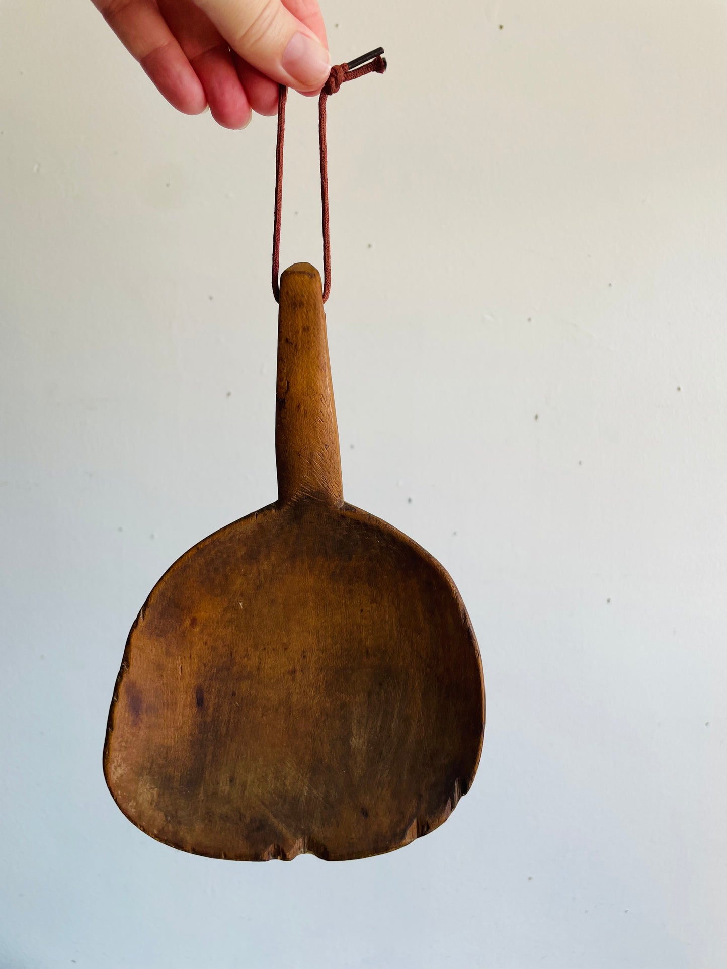 Antique Primitive Wood Farmhouse Kitchen Utensil Set - Scoop Paddle on Rope & Spatula Spoon - Set of 2