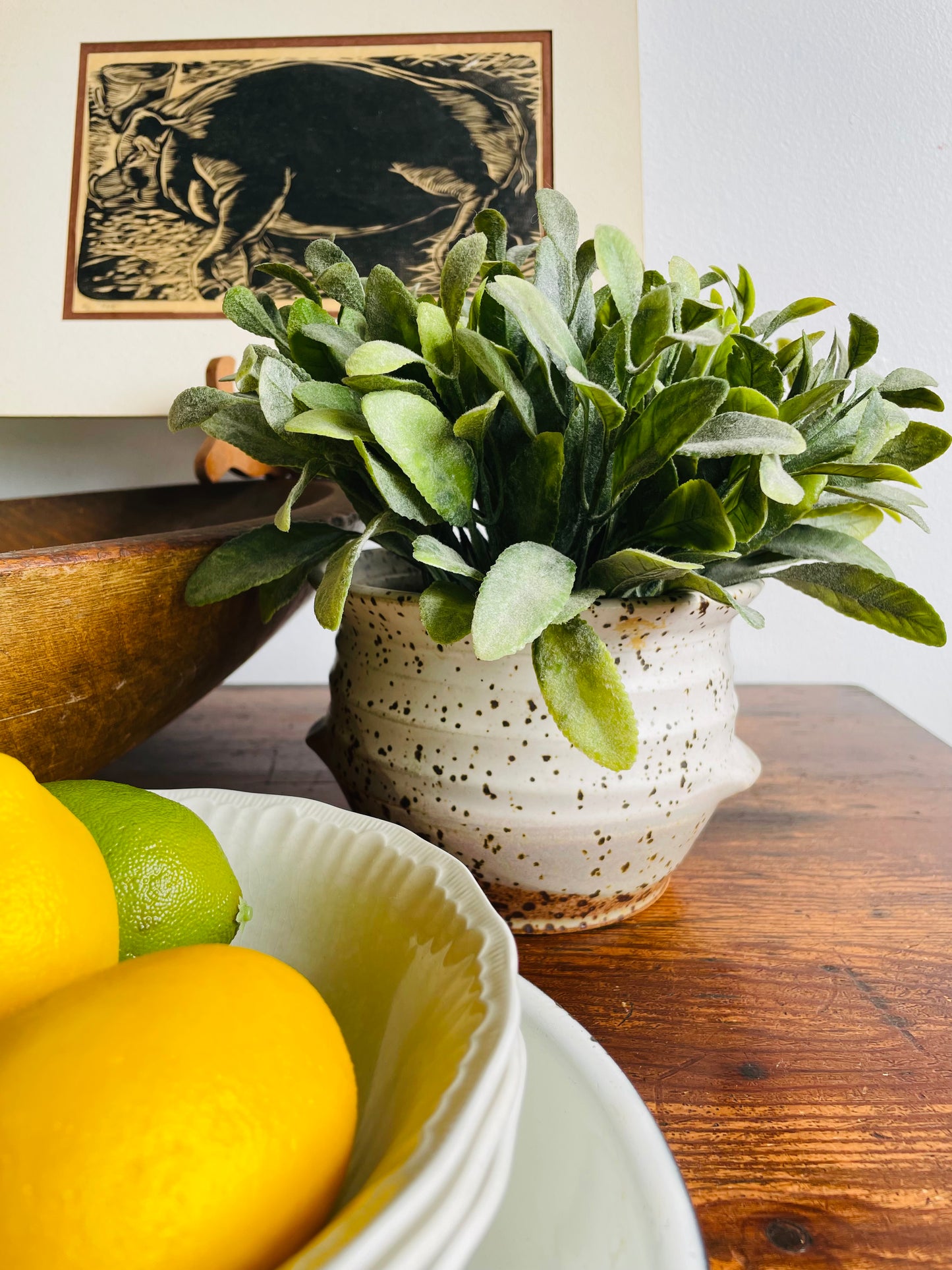 Studio Pottery Speckled Planter Pot with Groove Handles