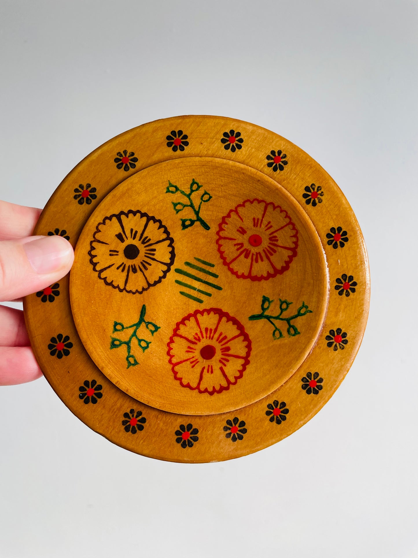 Wooden Russian Folk Art Trinket Dish Plate with Stamped Flower Design