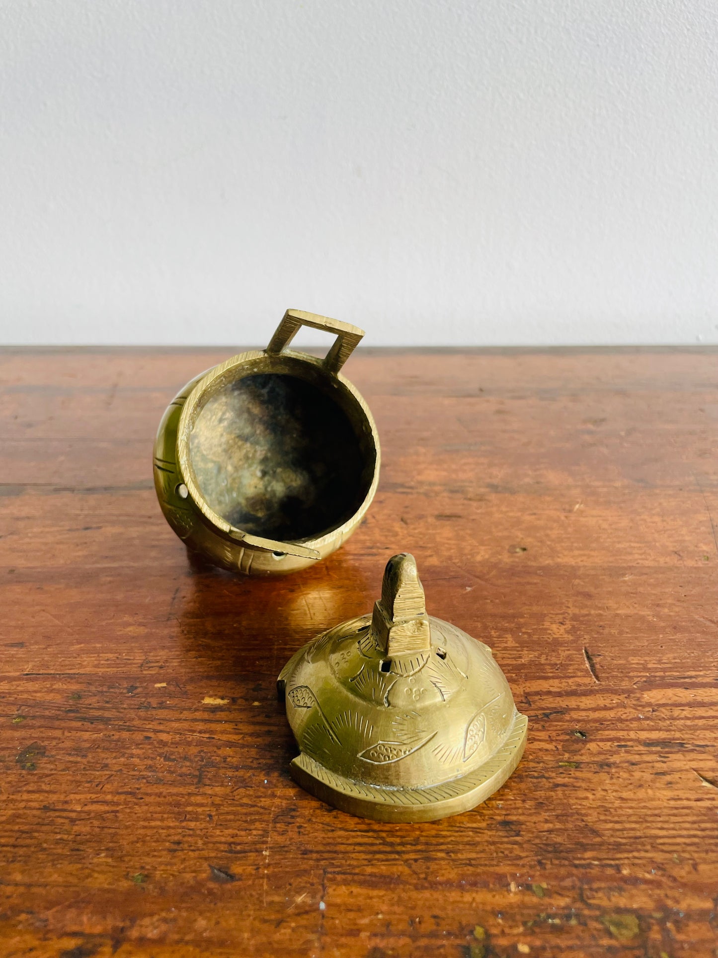 Chinese Etched Brass Footed Incense Burner with Lid & Handles