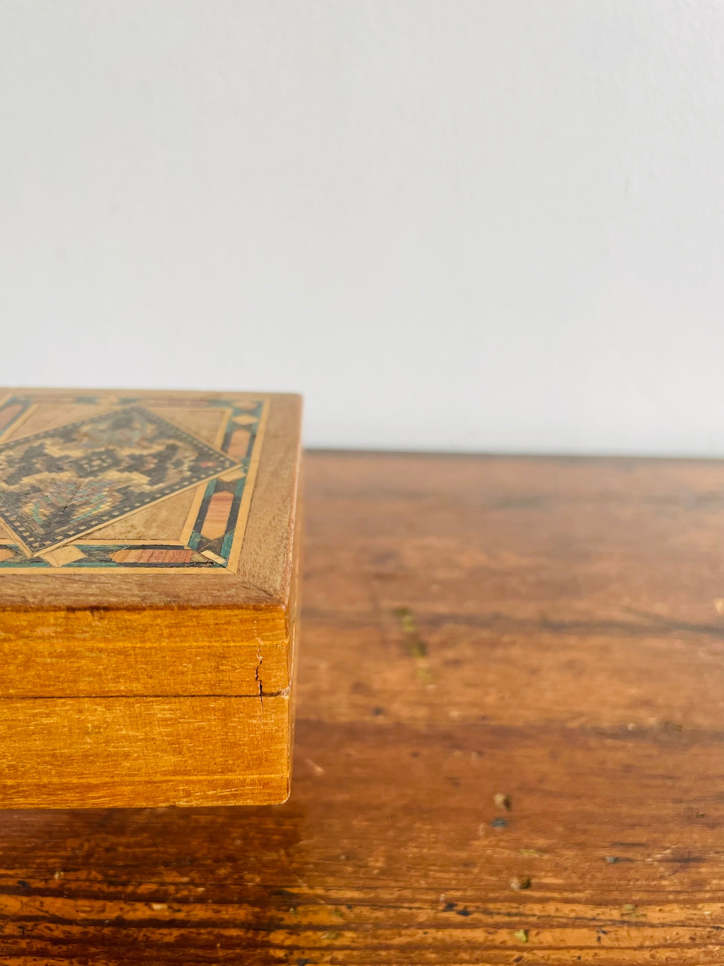 Antique Tunbridge Ware Wood Box with Mosaic Inlaid Pattern - Trinkets or Jewellery!