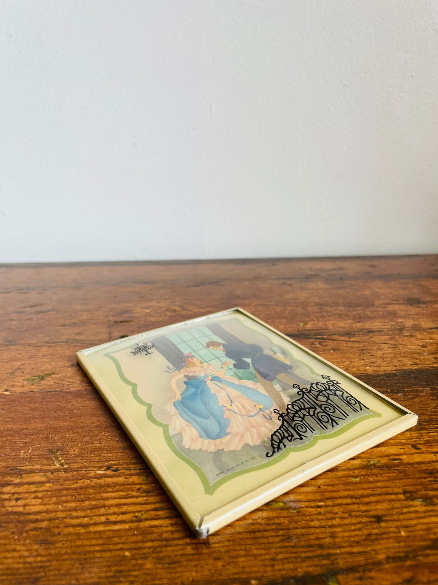 Mini Copr. S. Colef Reverse Painted Silhouette Lithograph Picture on Convex Bubble Glass - Courting Couple Greeting