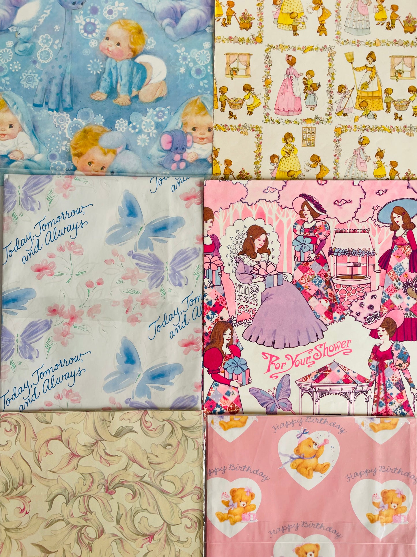 Vintage Wrapping Paper / Gift Wrap Bundle - Scrapbooking, Collage Art, DIY, Crafts, Etc. - Pastels / Children / Pink Theme