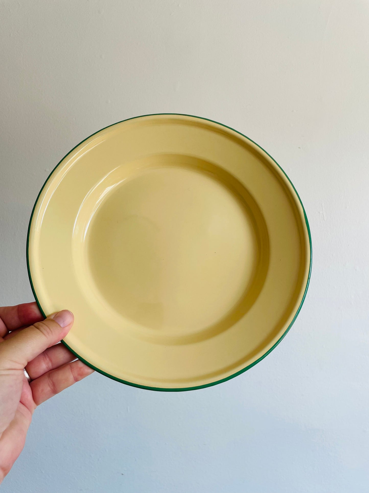 Vintage Goldfish & Peacock Brand Enamelware Plates - Pale Yellow with Green Rims - Set of 2