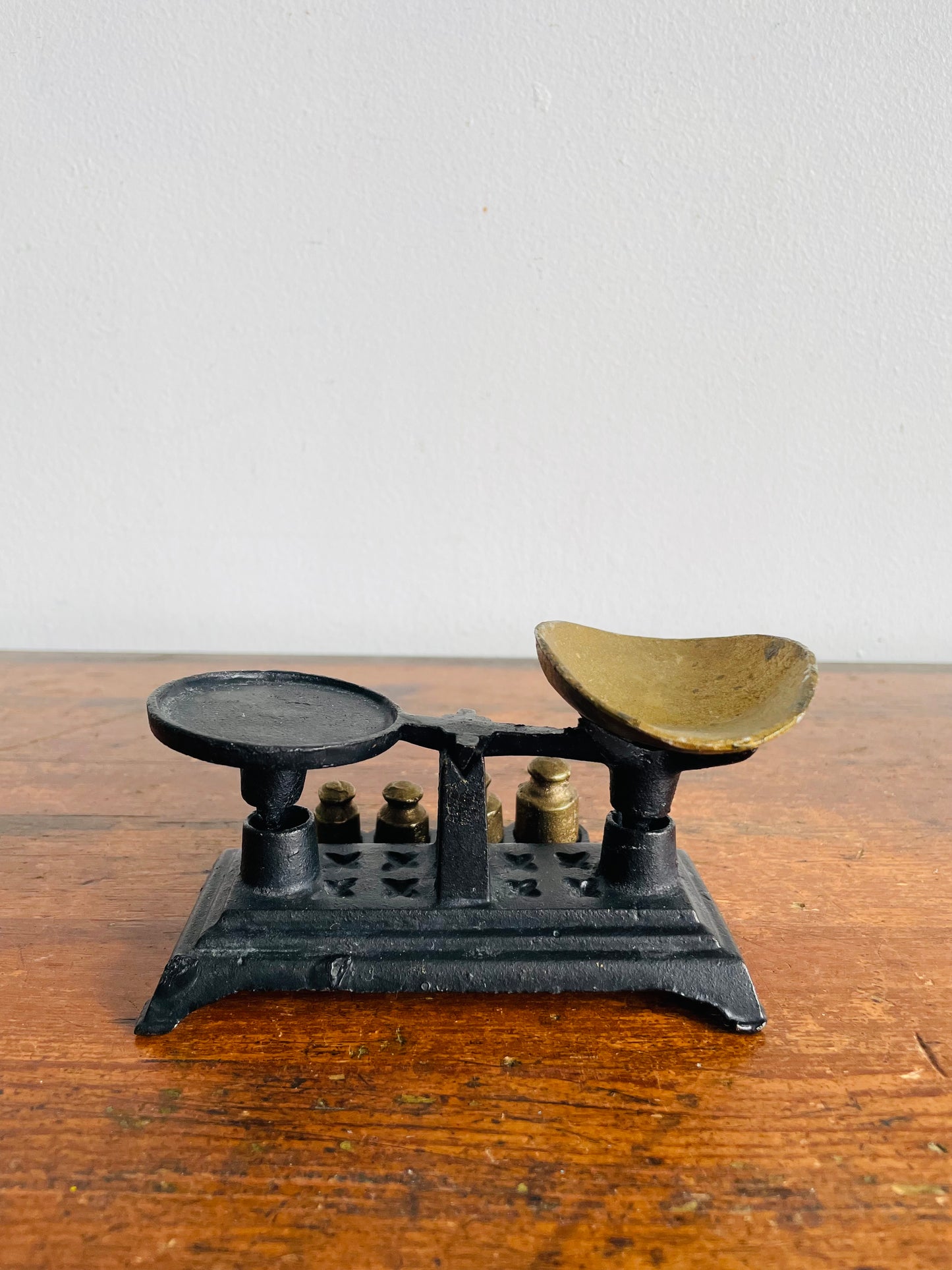 Vintage Solid & Heavy Miniature Cast Iron Balance Scale with Weights