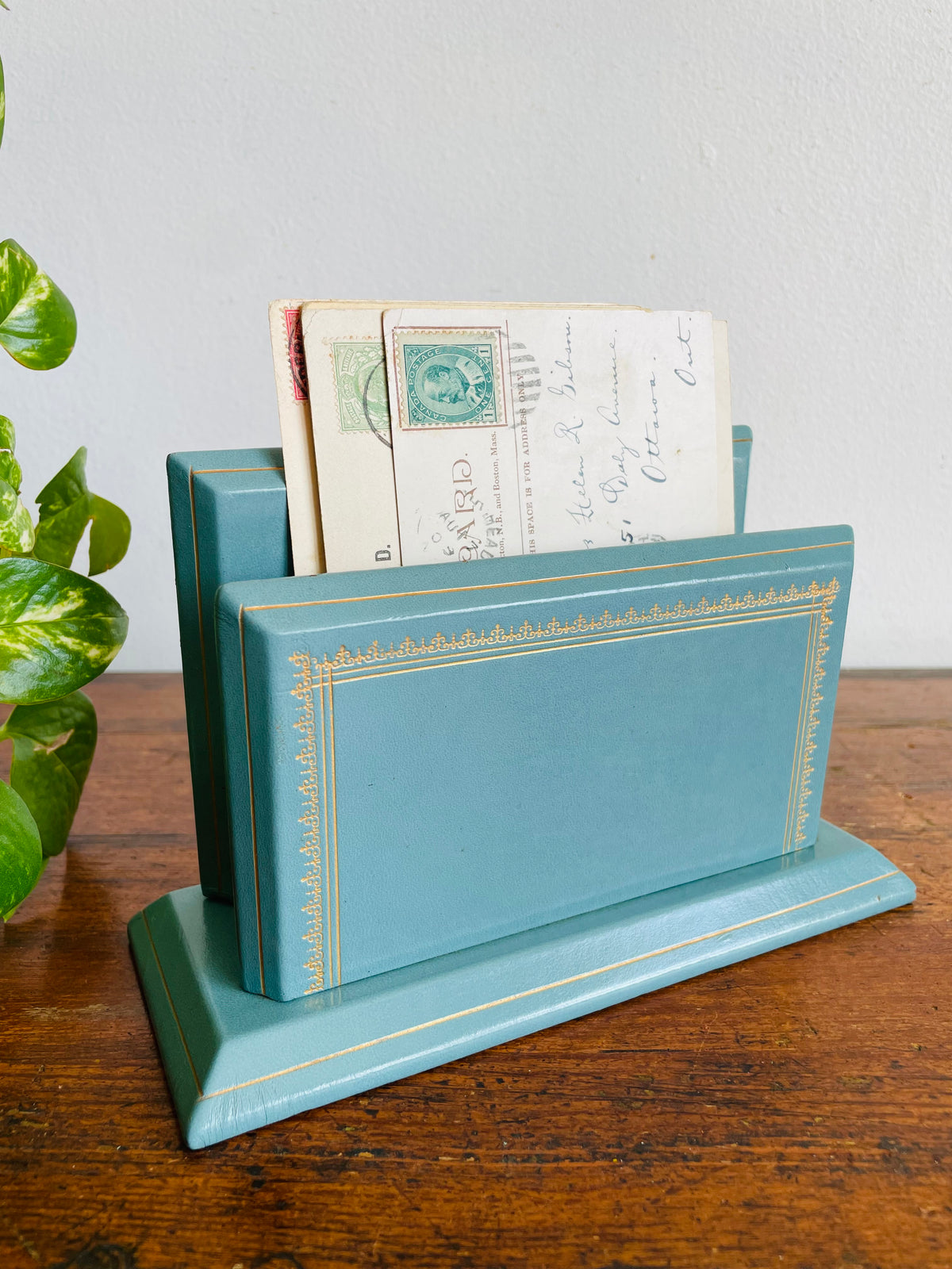 Vintage C.P. Leathercrafts New York Blue & Gold Leather Office Desk Organizer / Mail Letter Card Holder
