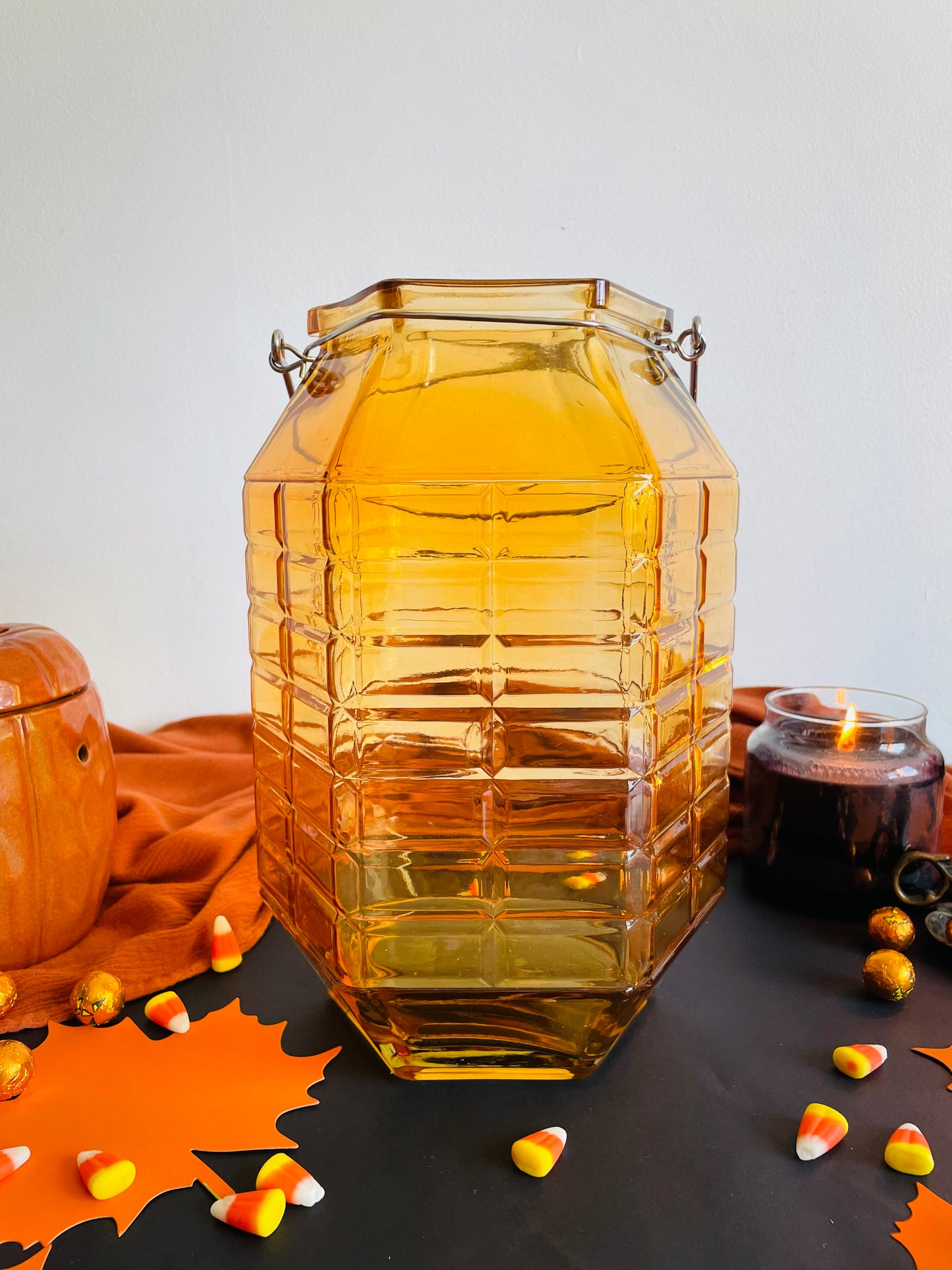 Giant Orange Glass Jar with Metal Handle - Makes a Great Vase, Lantern, or Tall Candy Dish!