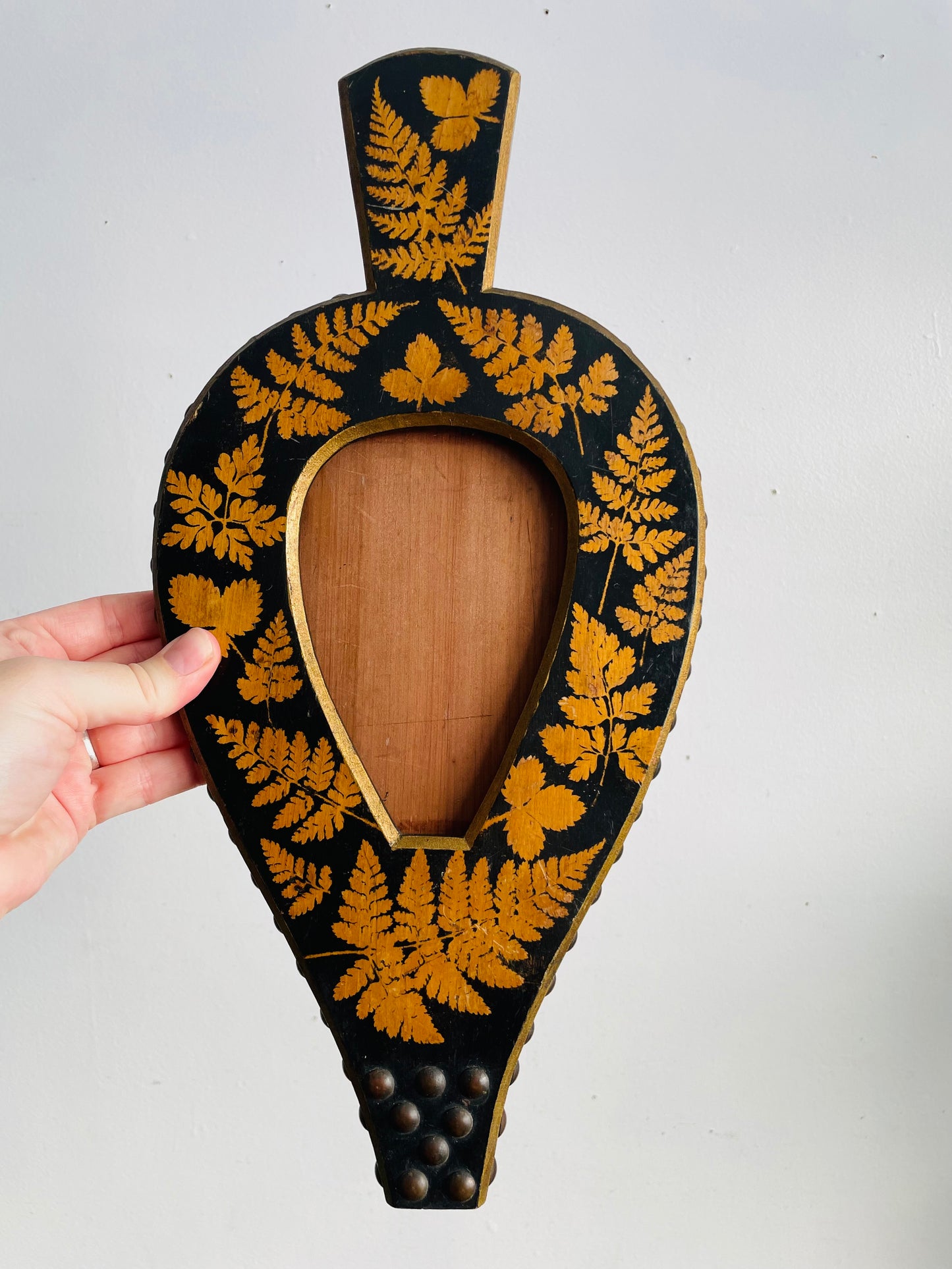 Vintage Handmade & Unique Hanging Wood Picture Frame with Brass Details & Botanical Fern Print - Repurposed Fireplace Bellows? The Most Interesting Frame I've Ever Seen!