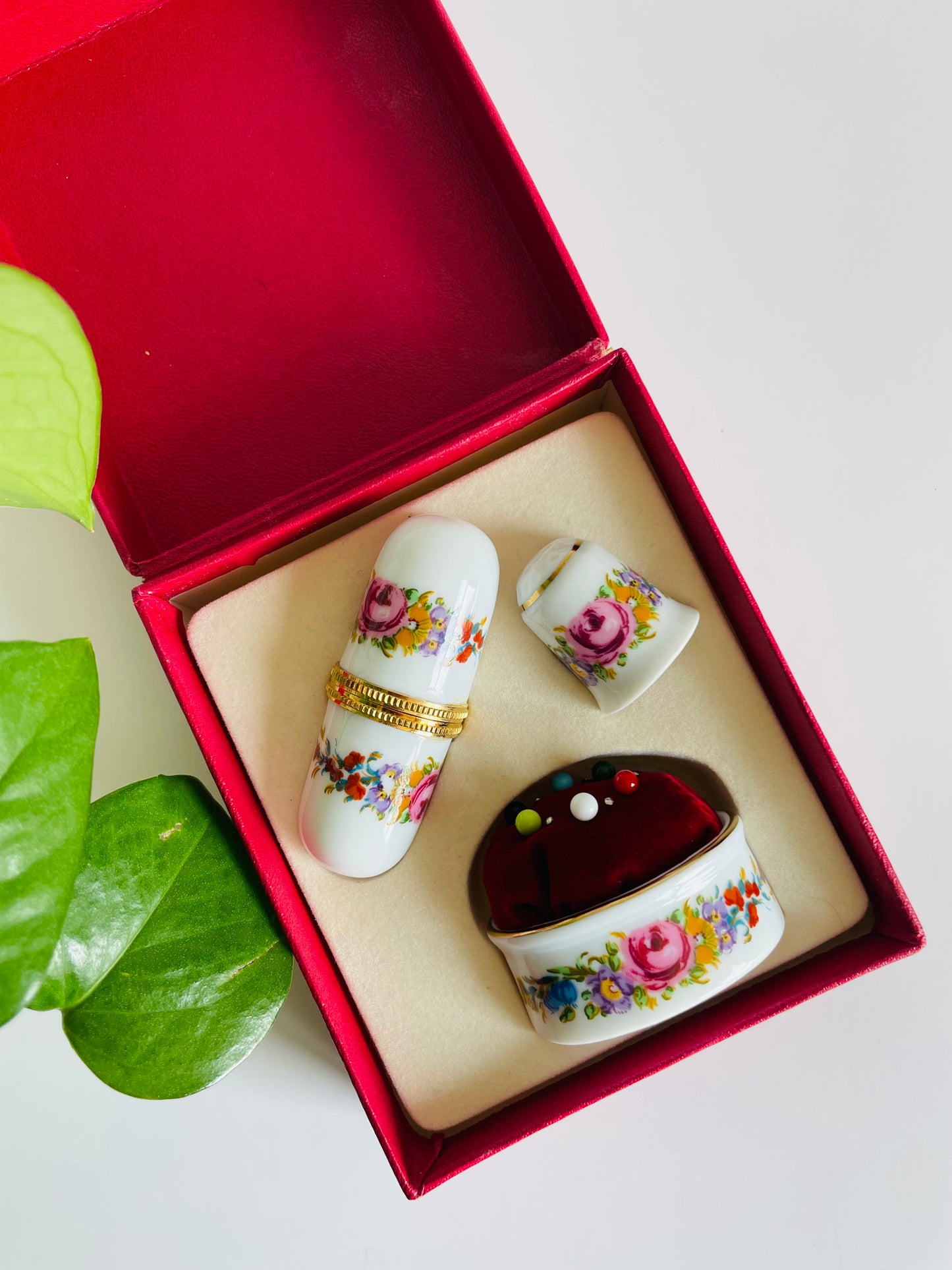 Brand New Vintage Porcelain Sewing Notions Gift Set in Original Box - Reutter Porzellan Germany - Includes Thimble, Pincushion & Needle Holder