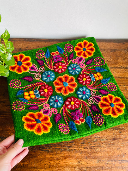 Vintage Green Zippered Wool Pillowcase Throw Pillow Cushion Cover with Fun & Bright Embroidered Folk Art Flower Design - Whimsical Decor