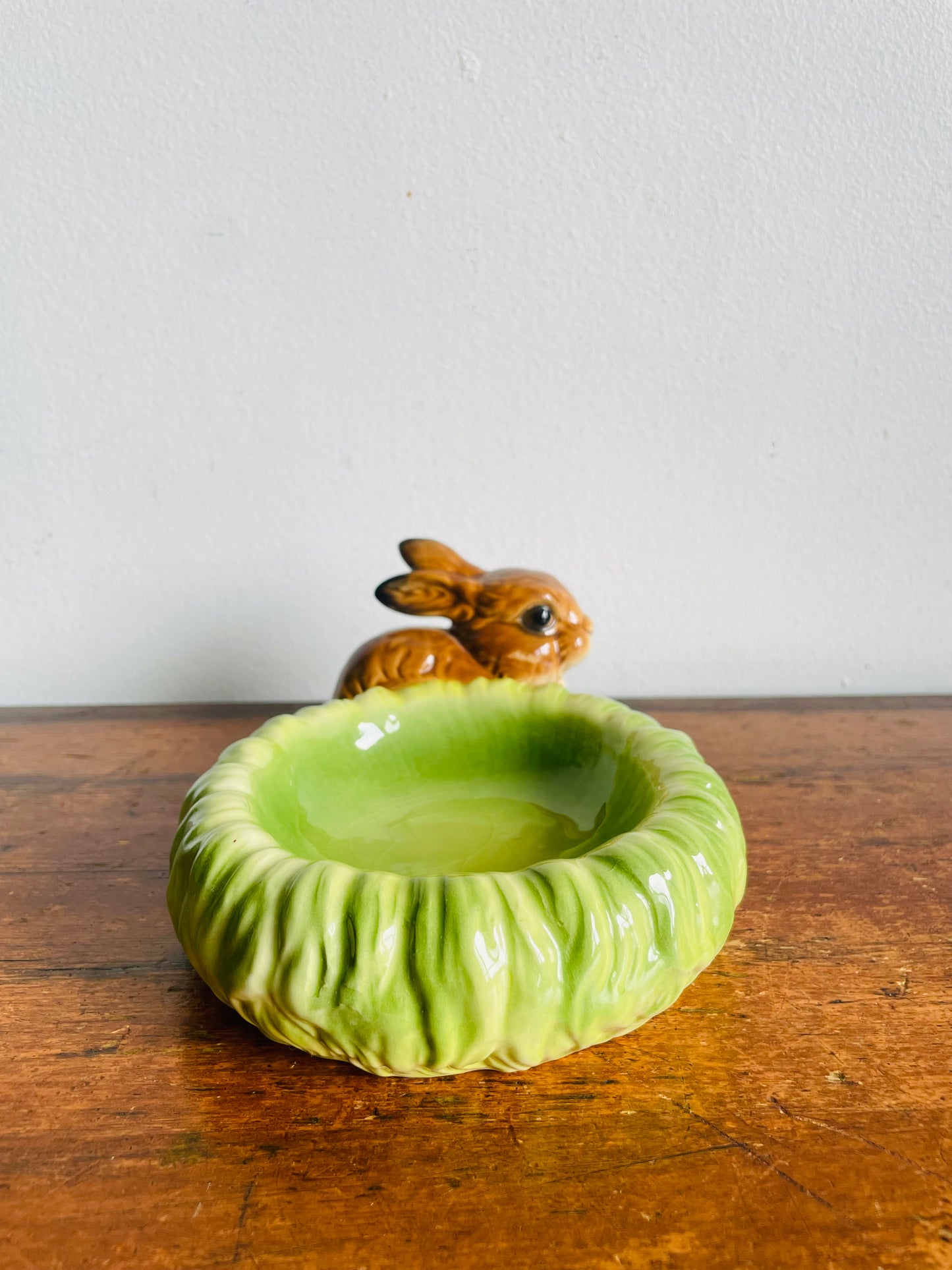 Vintage Goebel West Germany Adorable Brown Bunny Rabbit with Green Cabbage Trinket Jewellery Bowl Dish