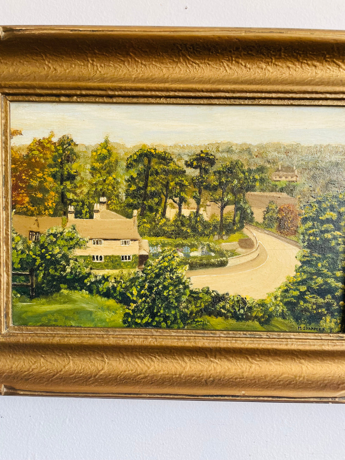 Vintage Original Art Painting in Gold Frame - English Country Scene with House & Trees on Winding Road - Artist Signed M. Sharples - Image Recreated from a Postcard