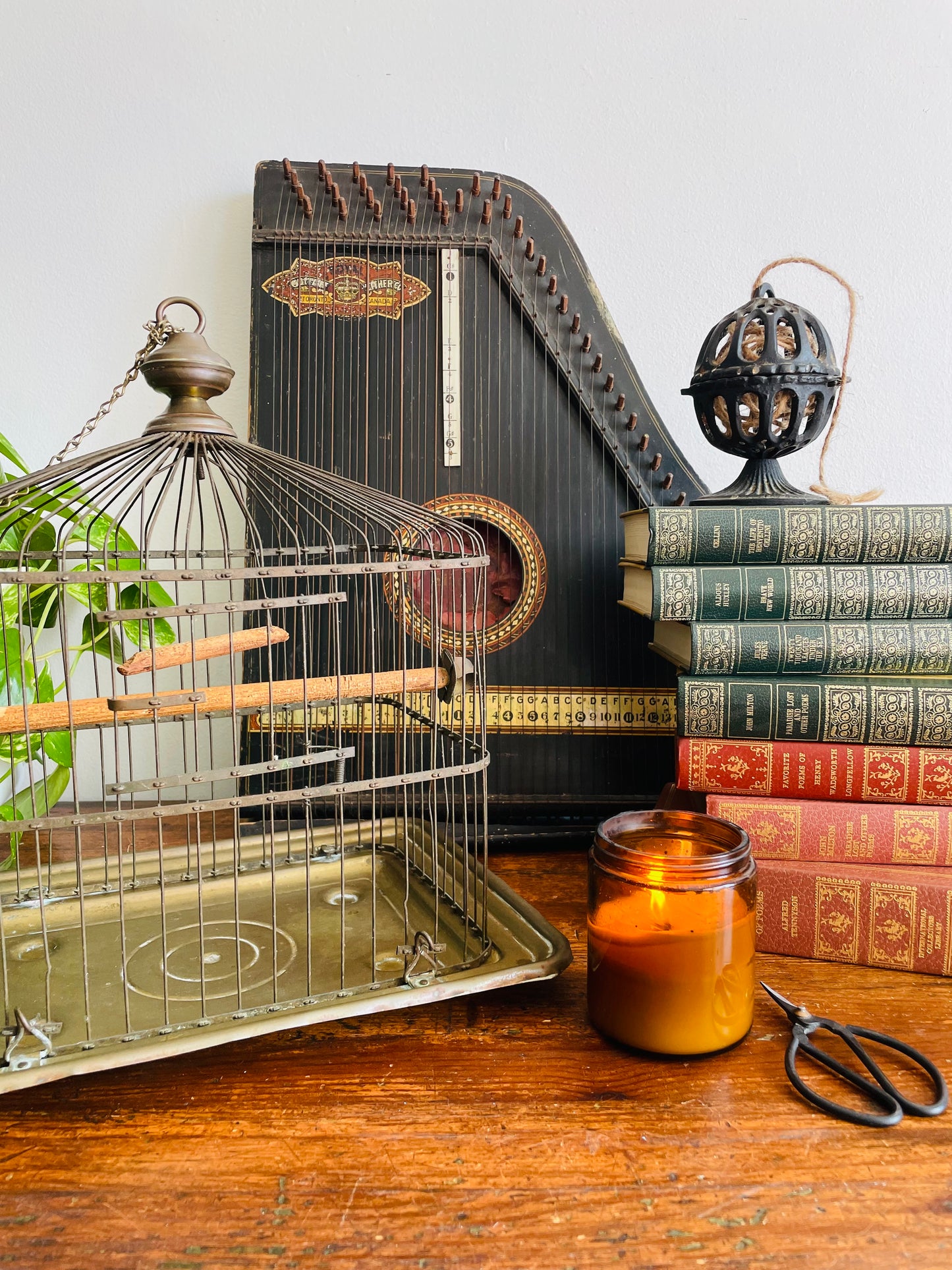 Antique Hendryx Brass & Metal Wire Bird Cage with Wood Perches & Milk Glass Food Dish - Art Deco Decor