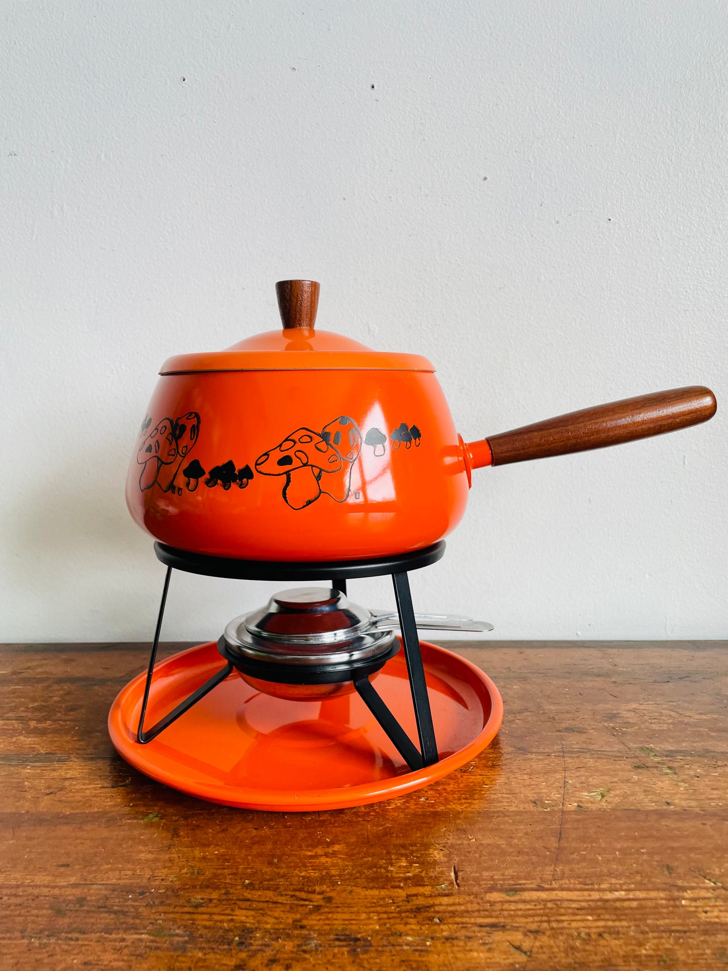 Vintage 1970s Groovy Bright Orange Fondue Pot Set with Mushroom Graphics - Made in Japan