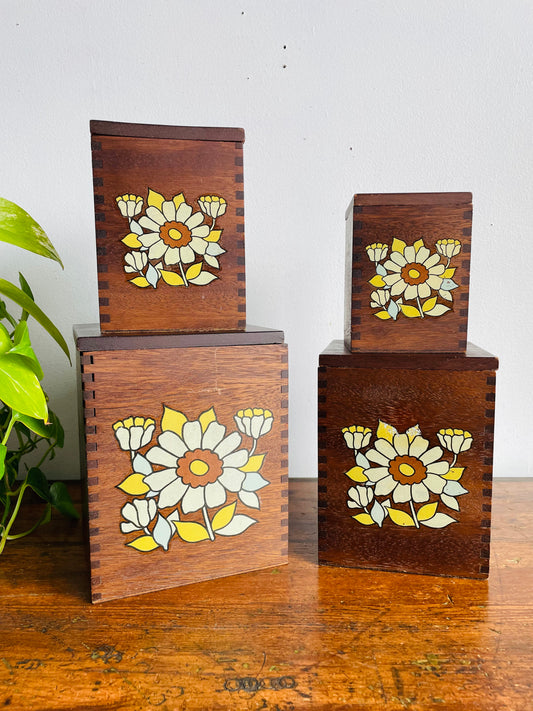 Vintage Wood Kitchen Canister Boxes with Groovy Flower Design - Plastic Inserts Inside for Easy Cleaning & Food Storage - An Enterprise Exclusive Toronto Canada - Set of 4