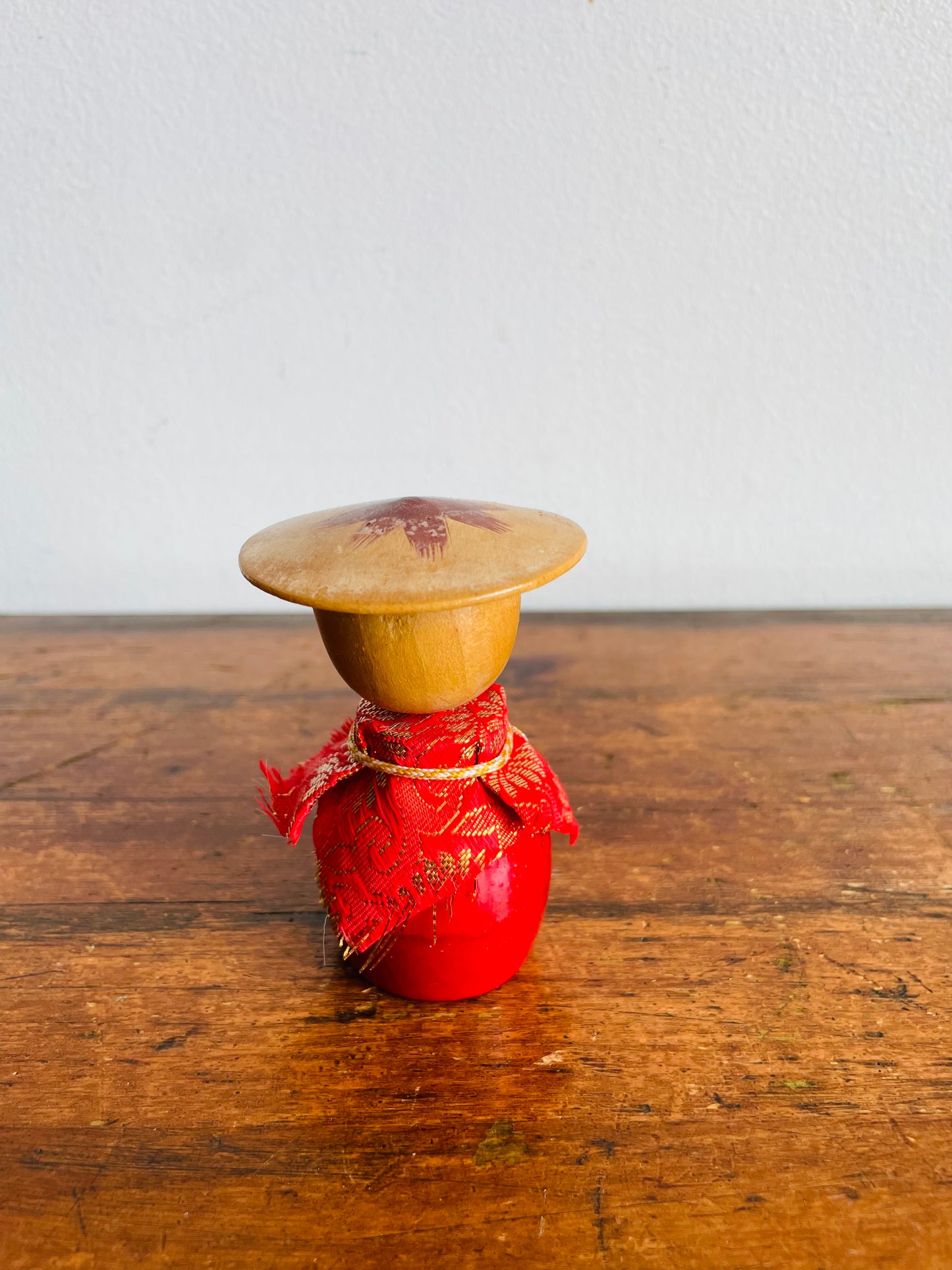 Vintage 3" Tall Japanese Wooden Kokeshi Bobblehead Doll in Red Fabric Dress with Belt & Hat