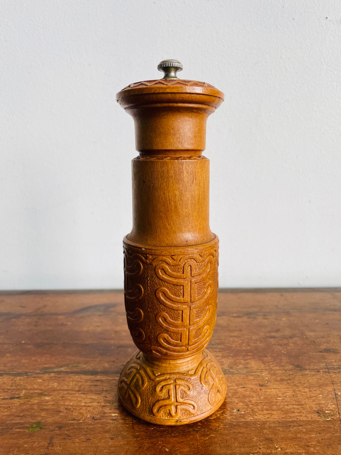 Vintage Carved Wood Pepper Mill Grinder with Interesting Design - Made in Italy