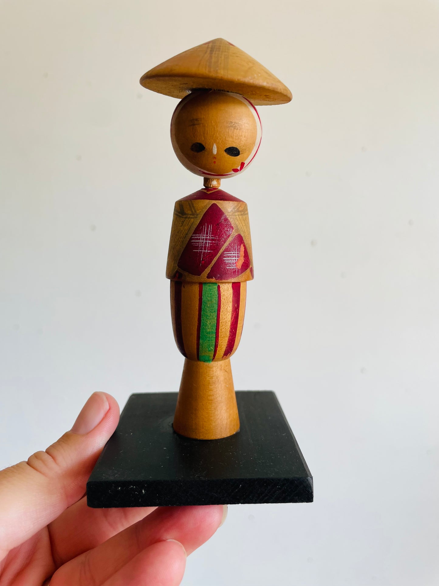 Vintage 5" Tall Japanese Wooden Kokeshi Bobblehead Doll with Maroon Dress & Hat on Base